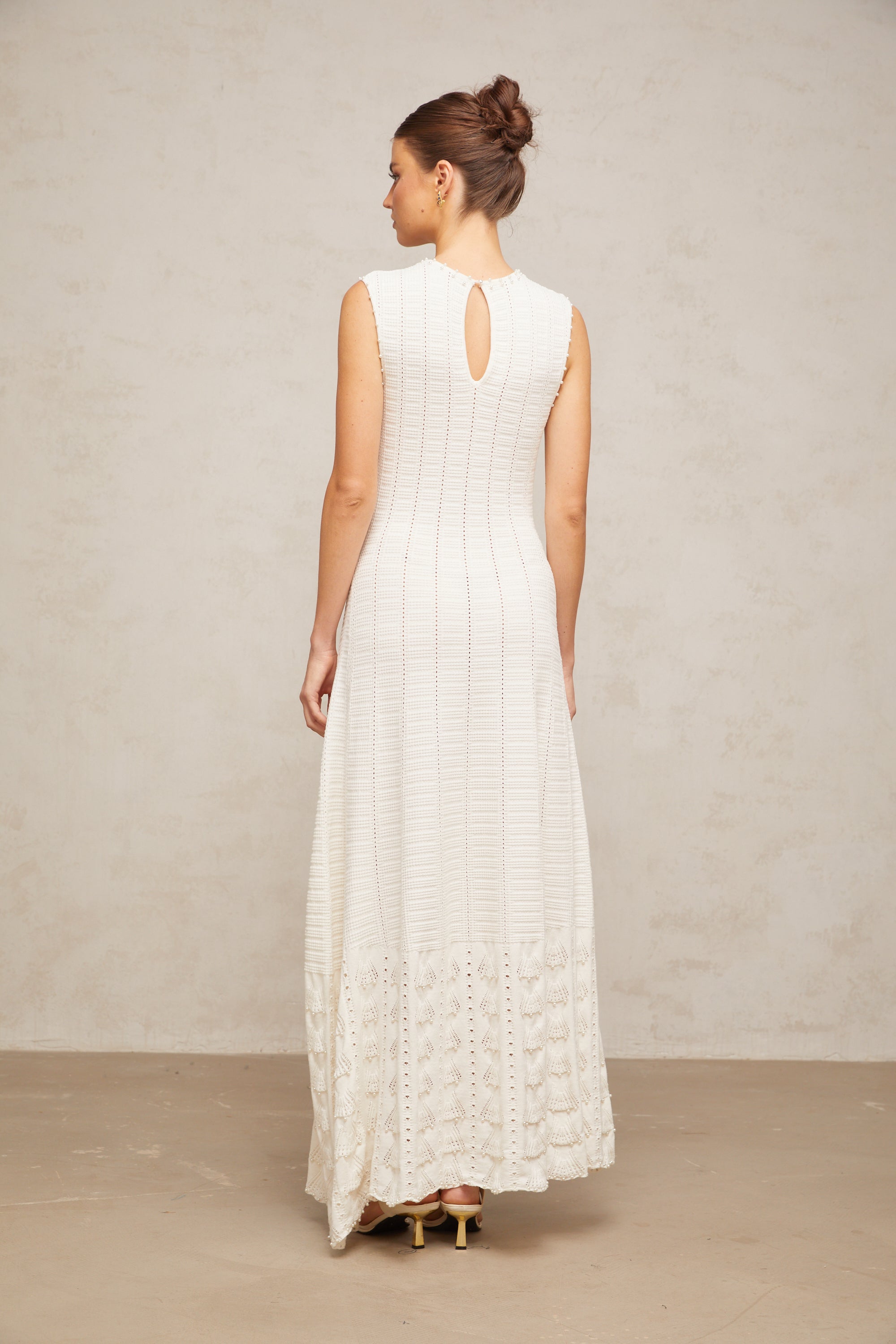 Urbaine white faux-pearl pointelle-knit maxi dress