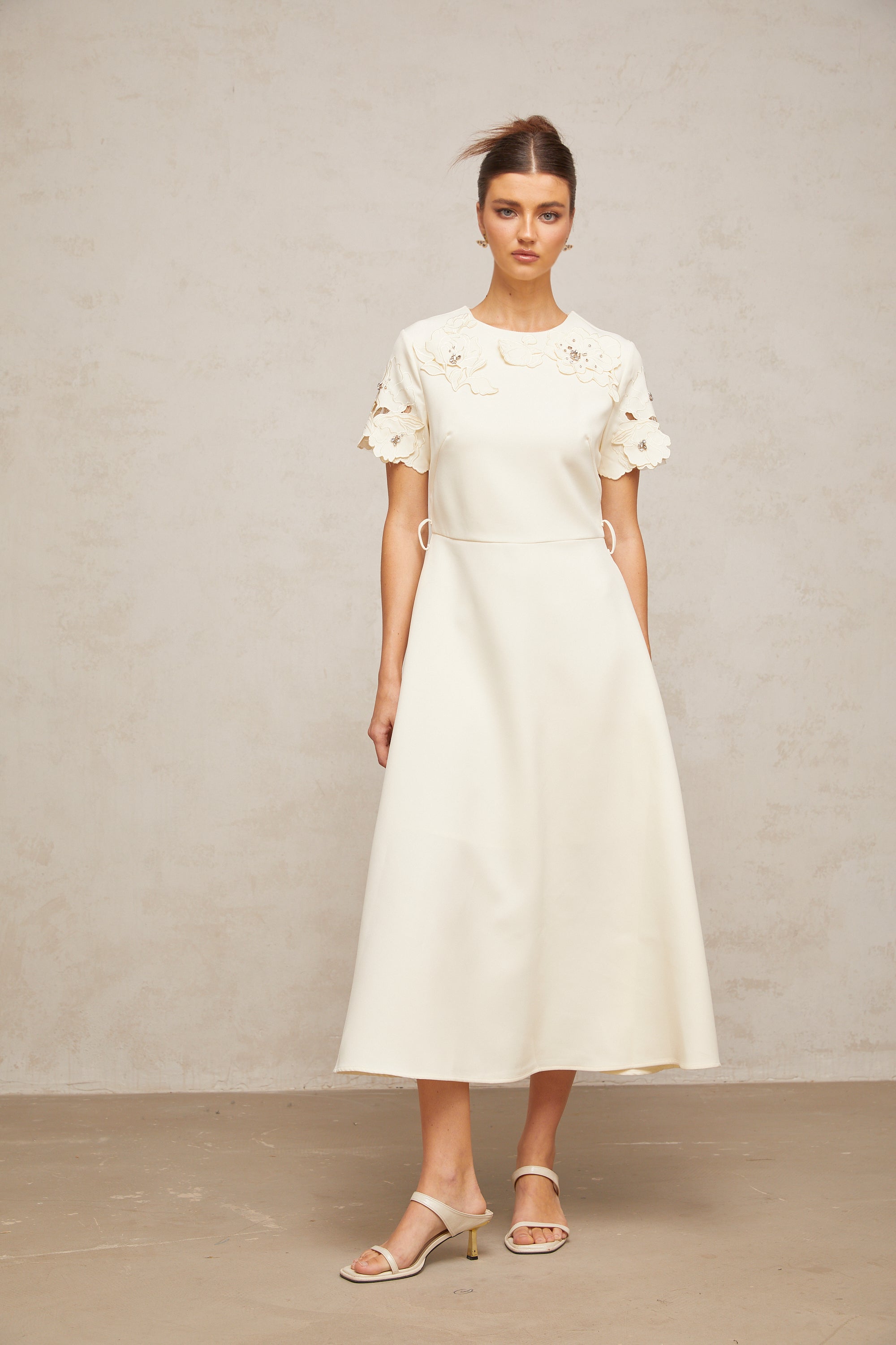 Orane neutrals floral-appliqué flared midi dress