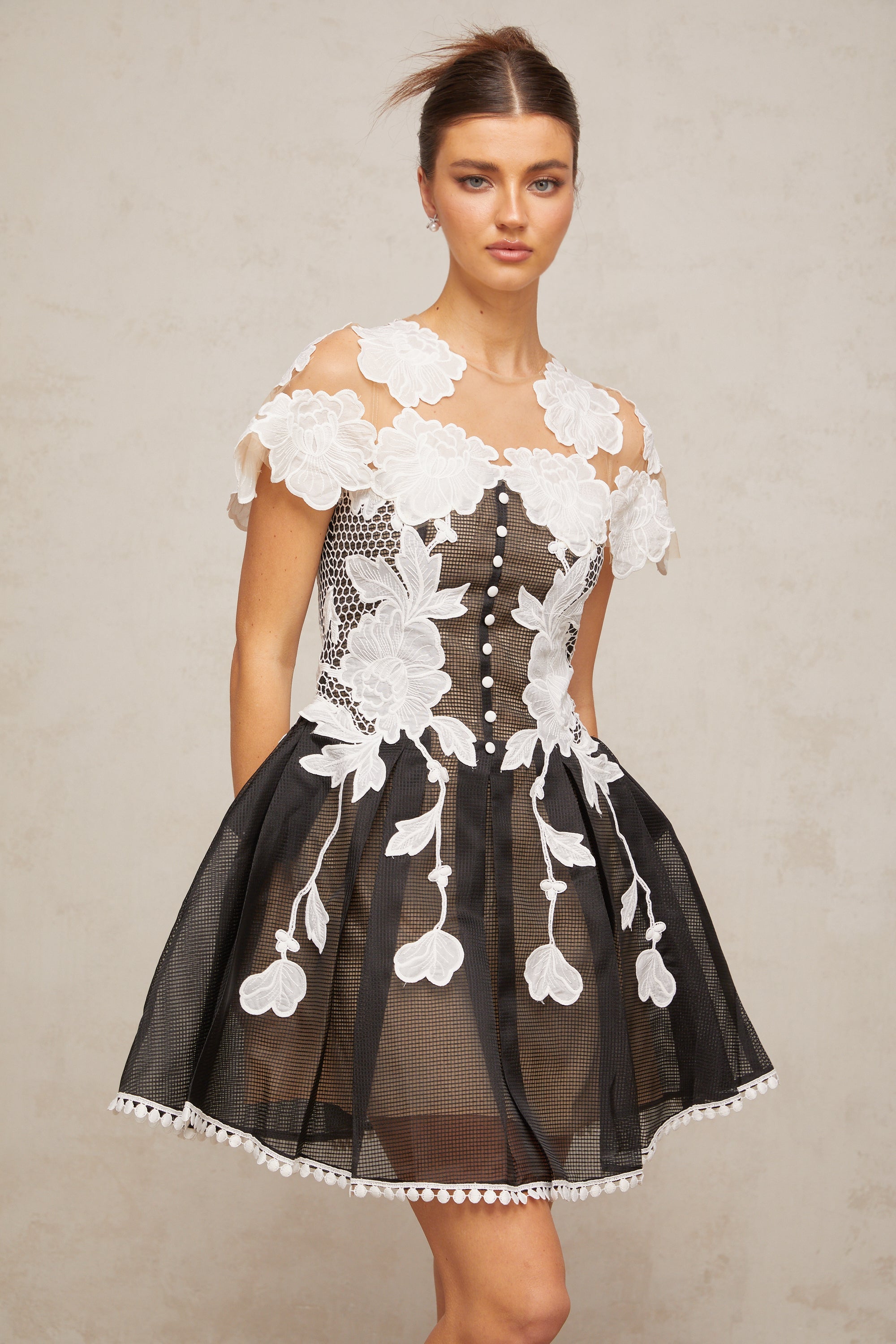 Sandrine color-blocked floral-embroidered mini dress