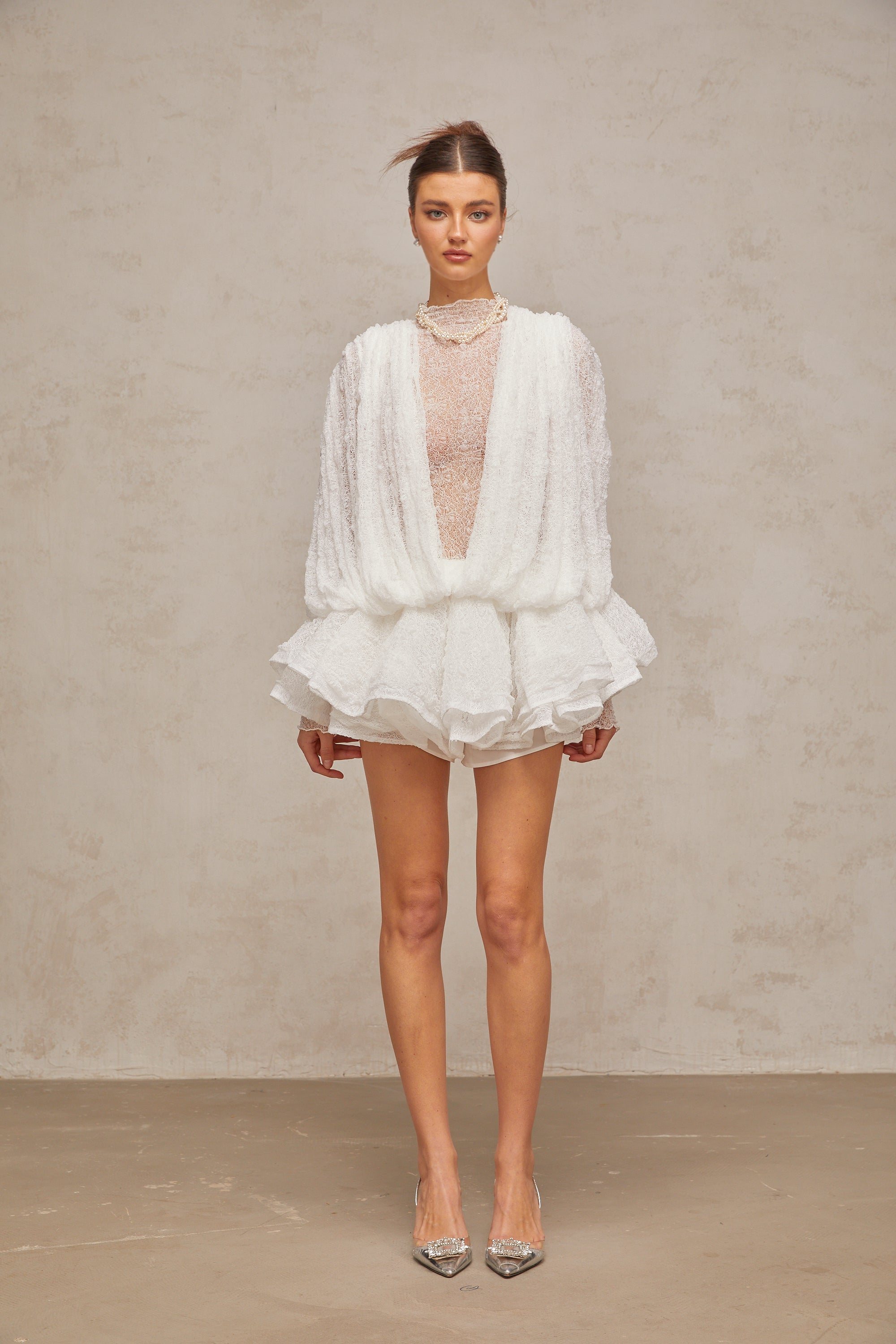 Isoline white semi-sheer lace top & shorts & dress matching set (Final Sale-US Only)