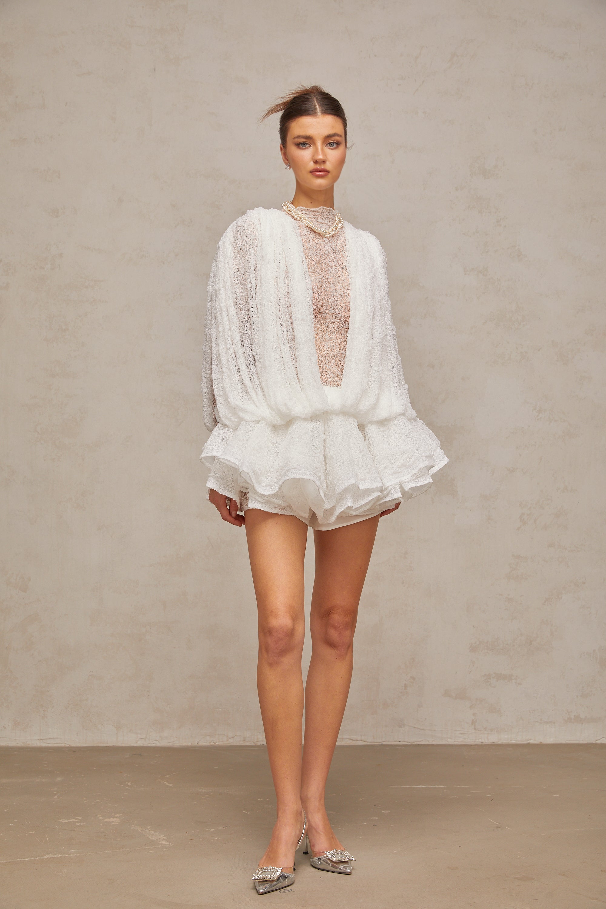 Isoline white semi-sheer lace top & shorts & dress matching set (Final Sale-US Only)