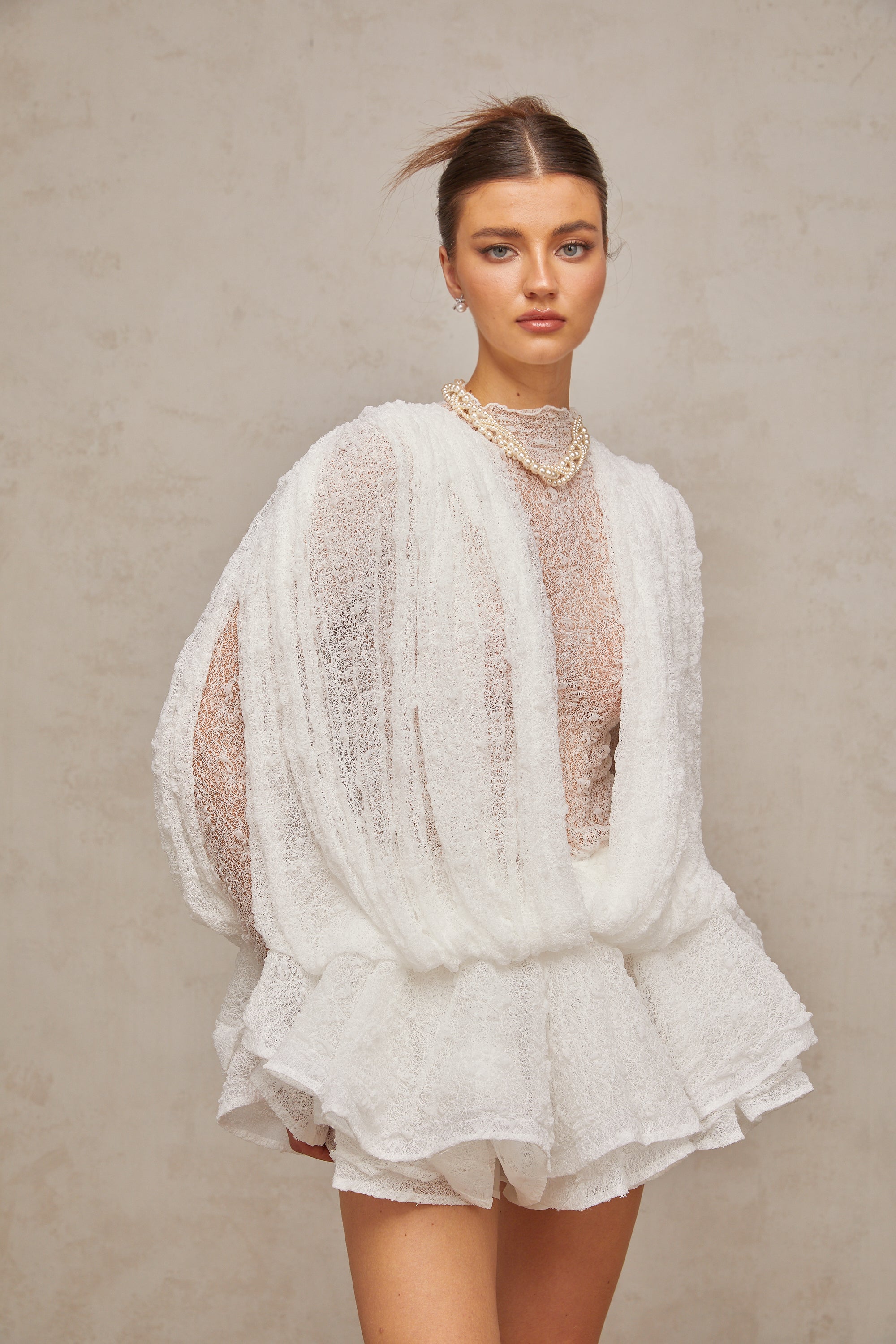 Isoline white semi-sheer lace top & shorts & dress matching set (Final Sale-US Only)