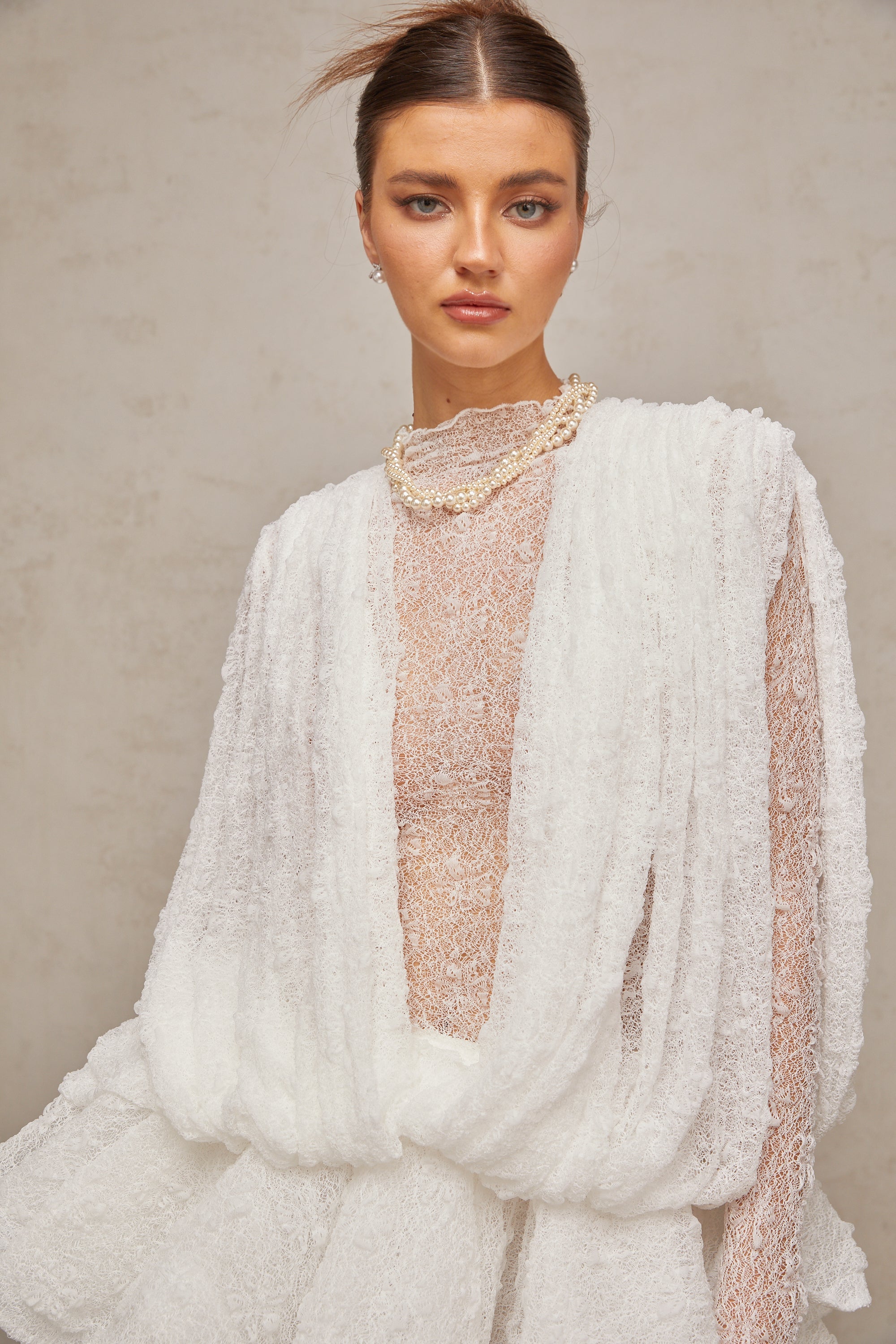 Isoline white semi-sheer lace top & shorts & dress matching set (Final Sale-US Only)
