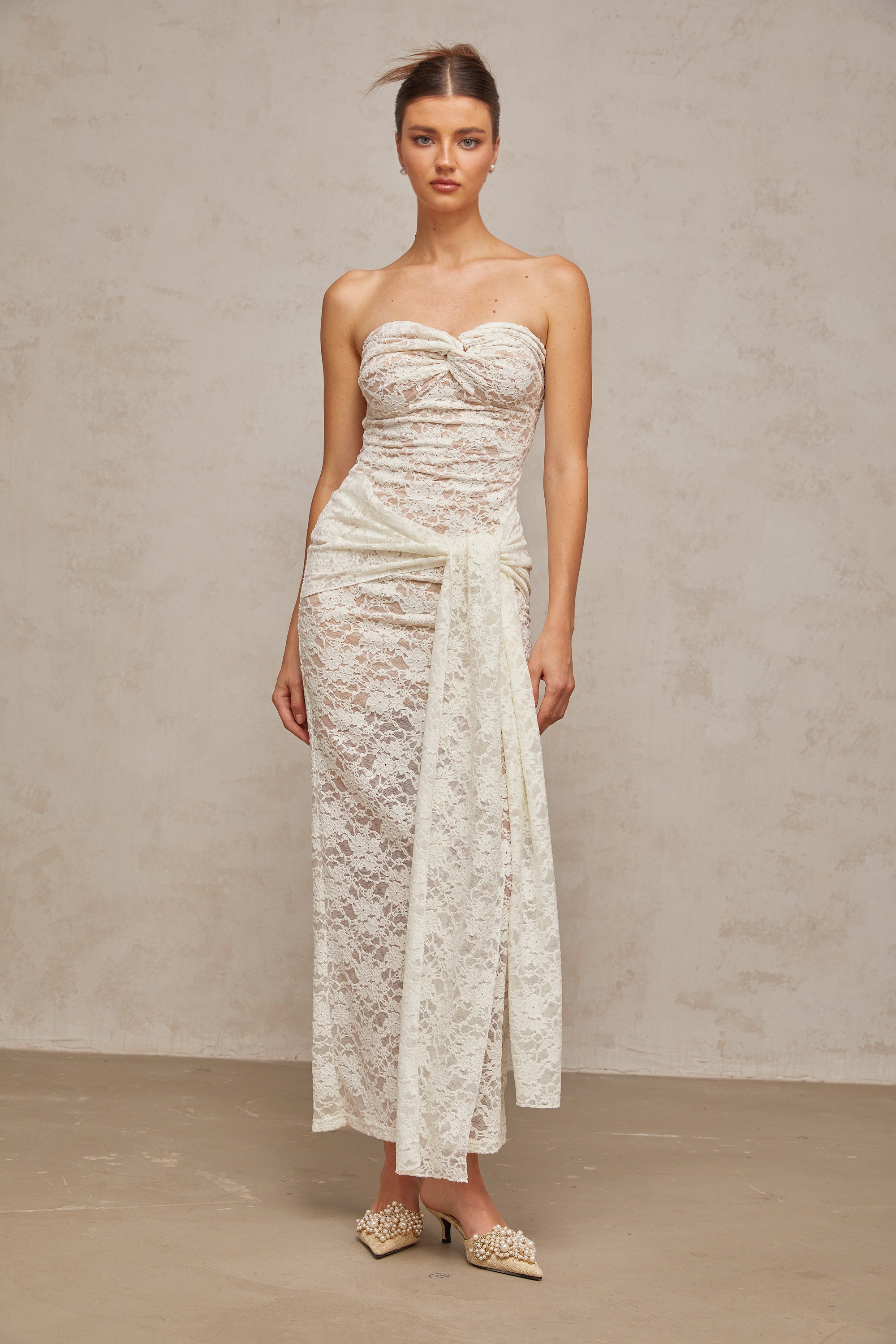 Wilhelmine white lace draped midi dress