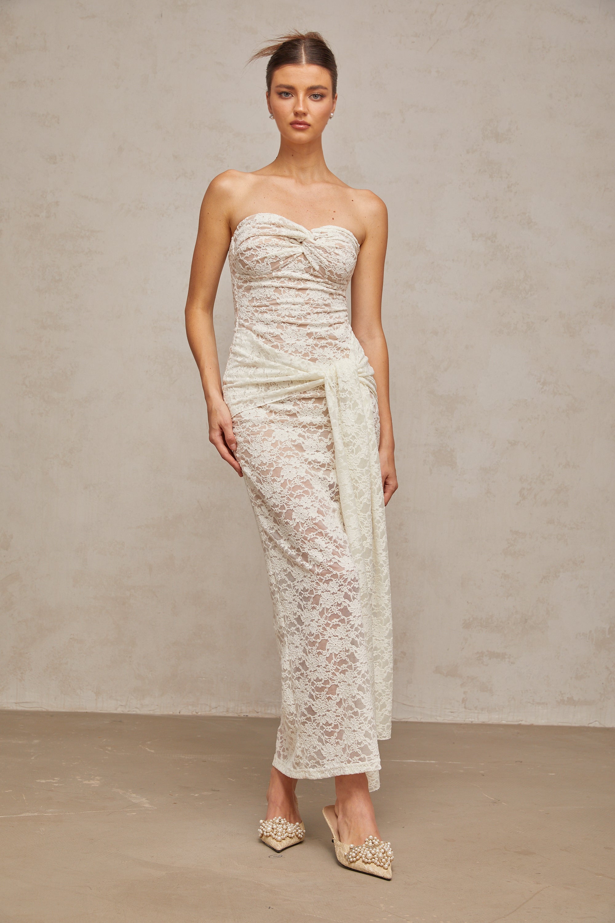 Wilhelmine white lace draped midi dress