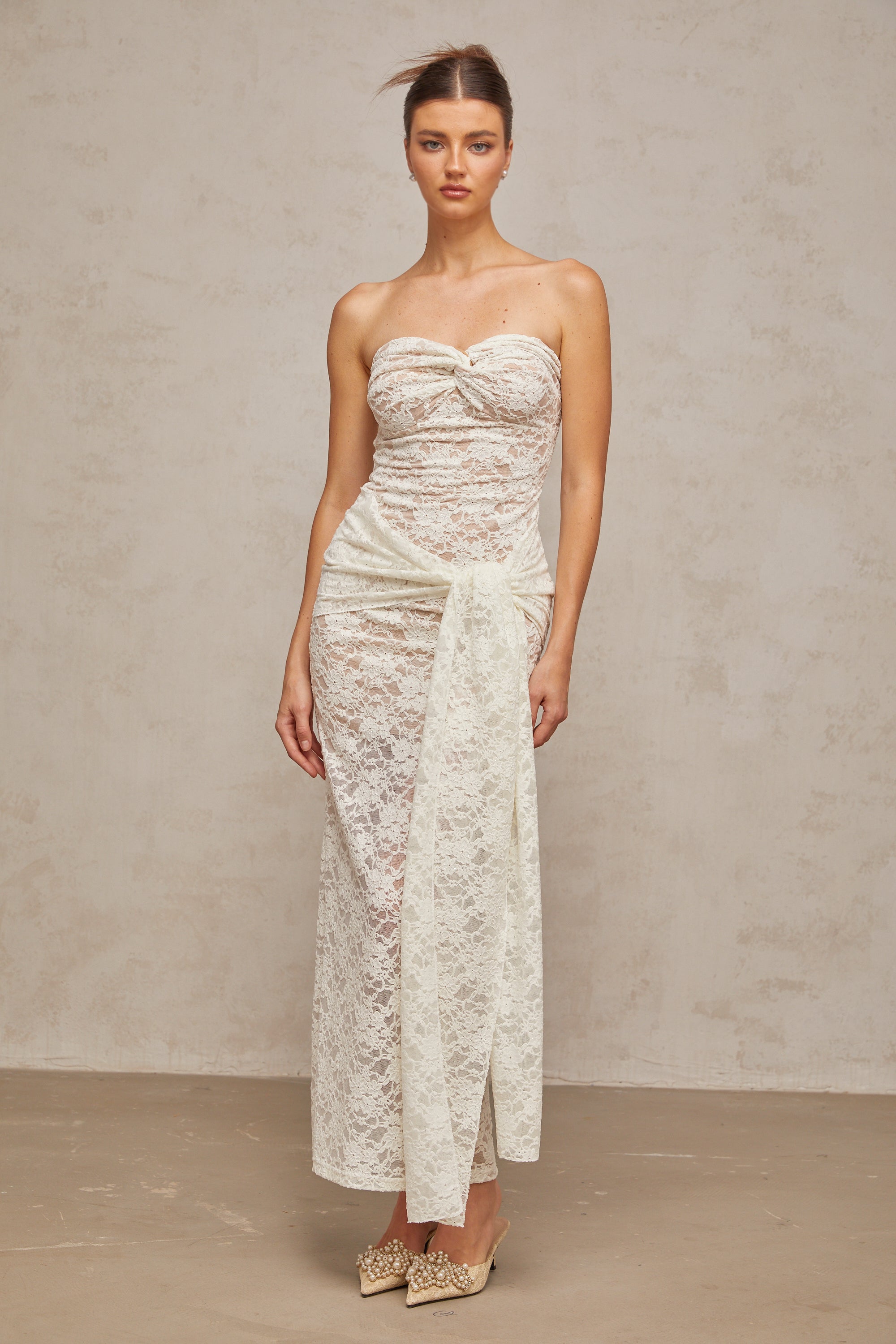 Wilhelmine white lace draped midi dress