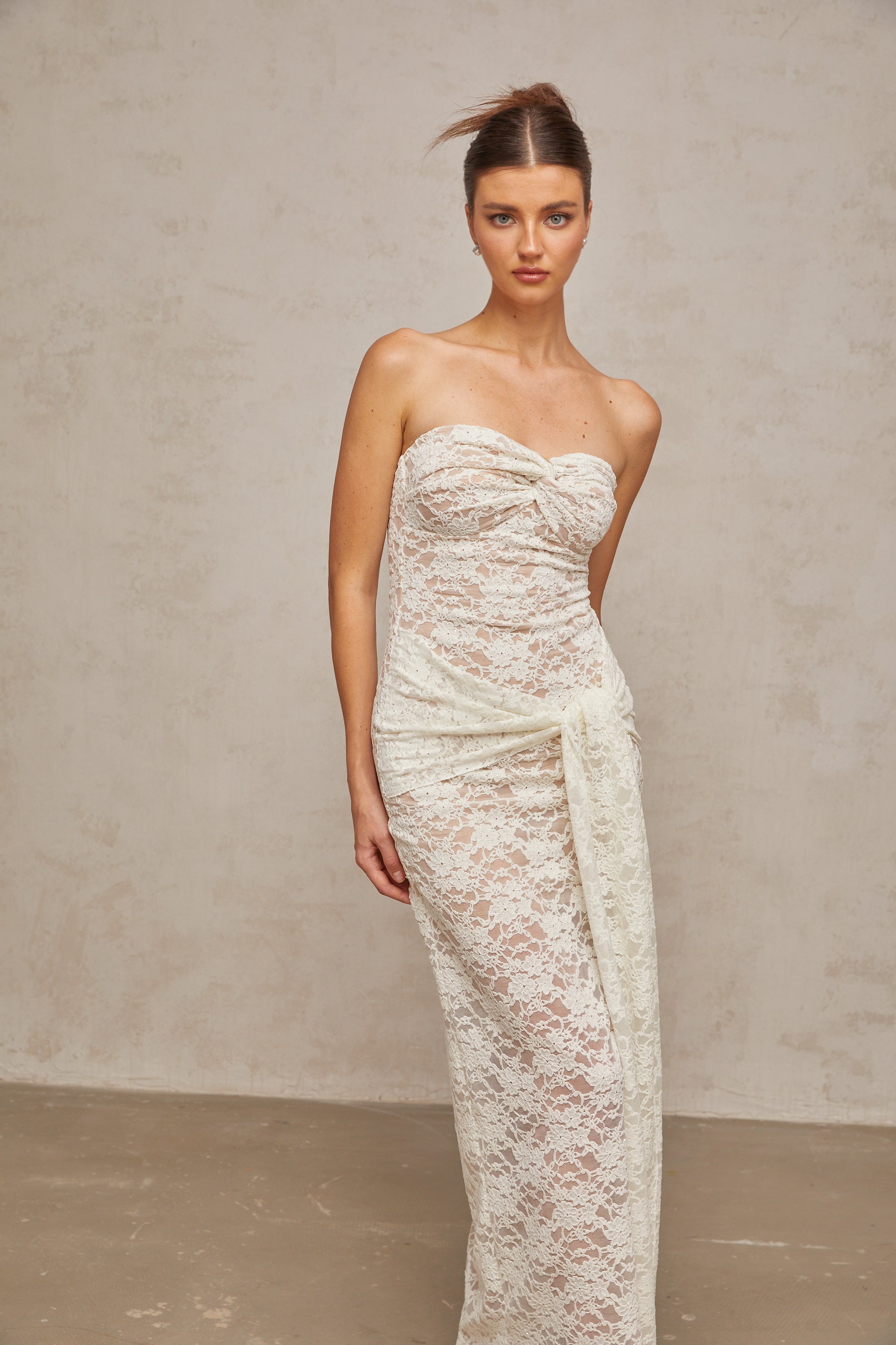 Wilhelmine white lace draped midi dress