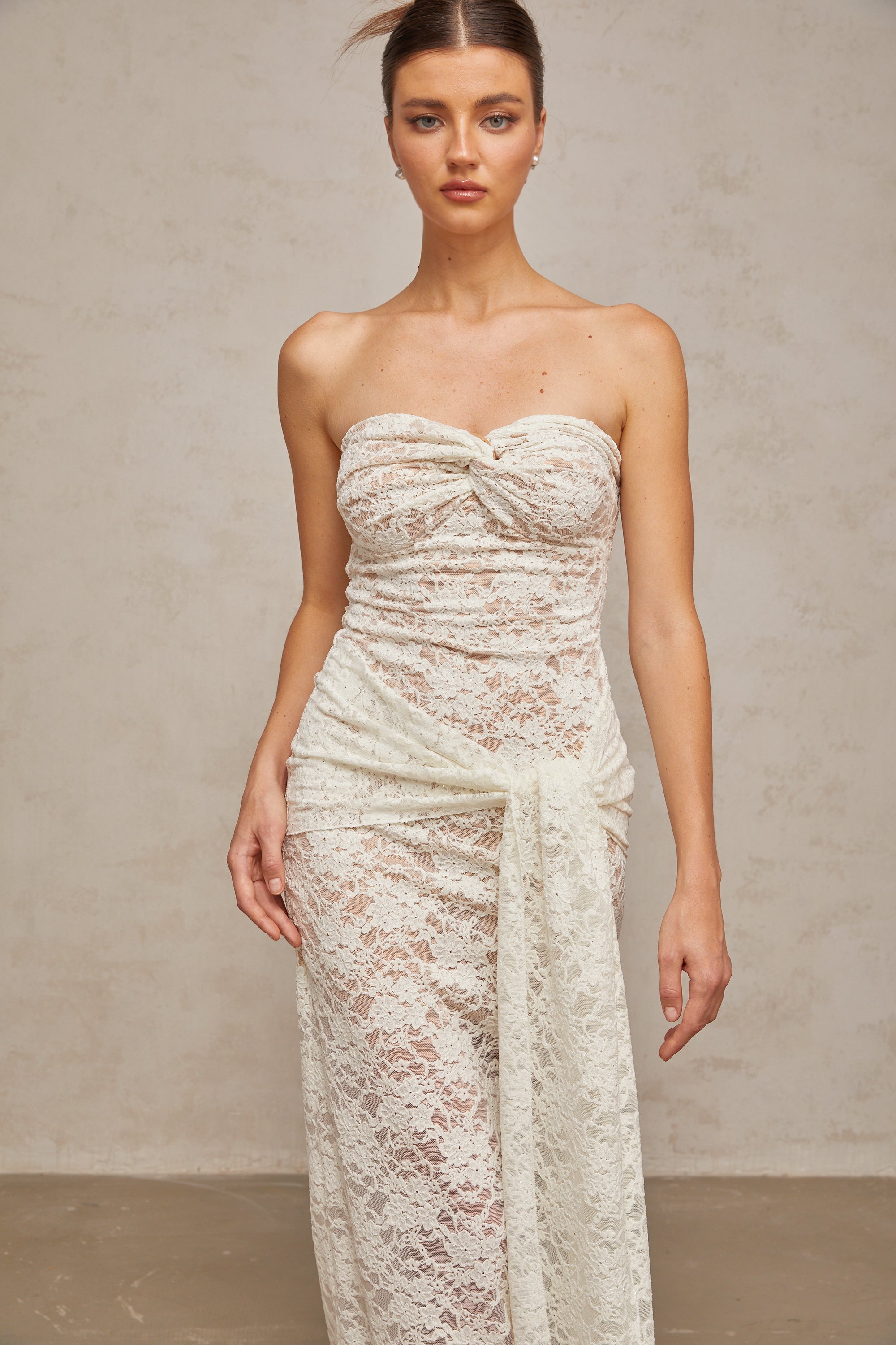 Wilhelmine white lace draped midi dress