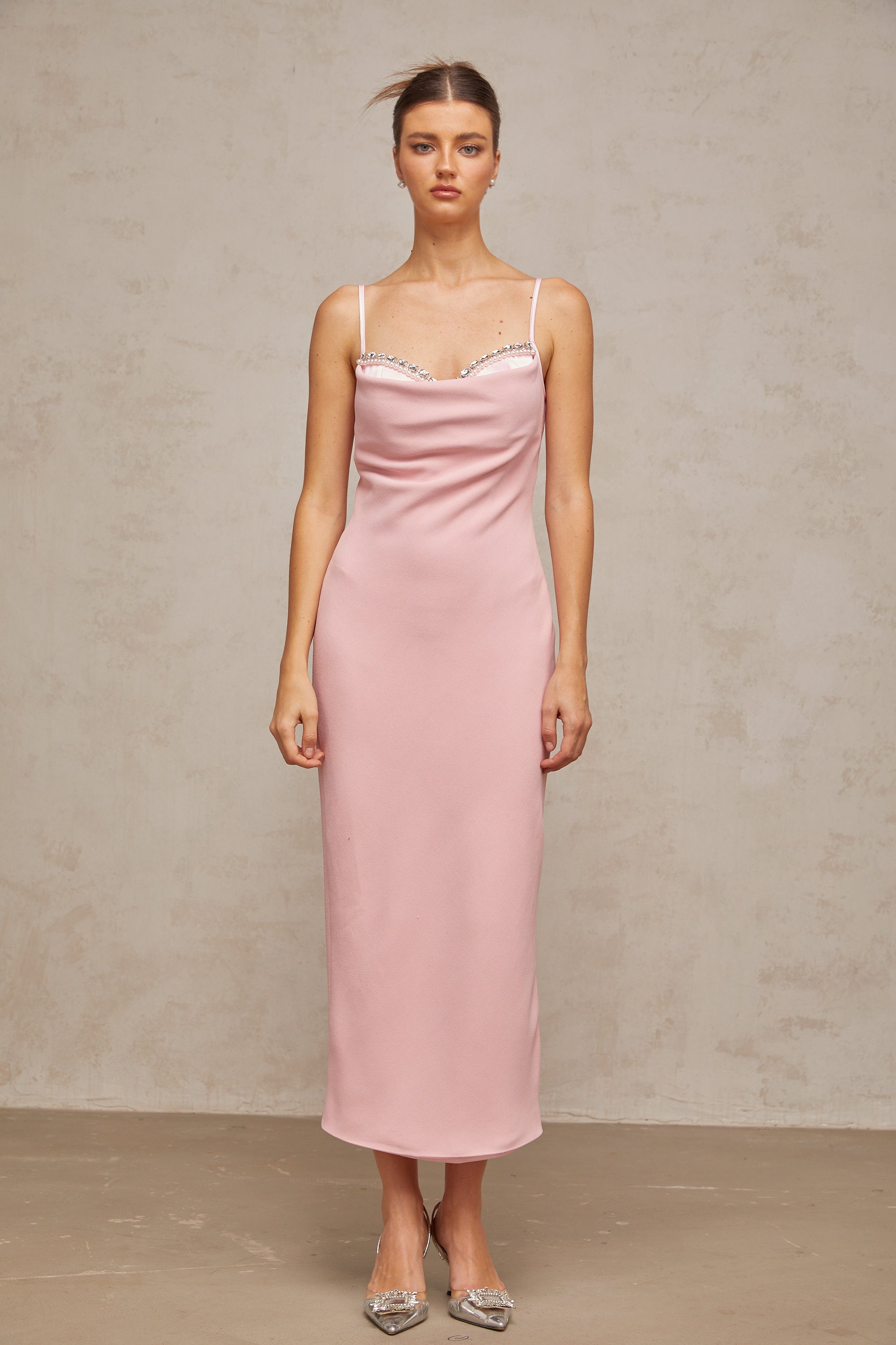 Joséphine pink crystal-embellished corset midi dress