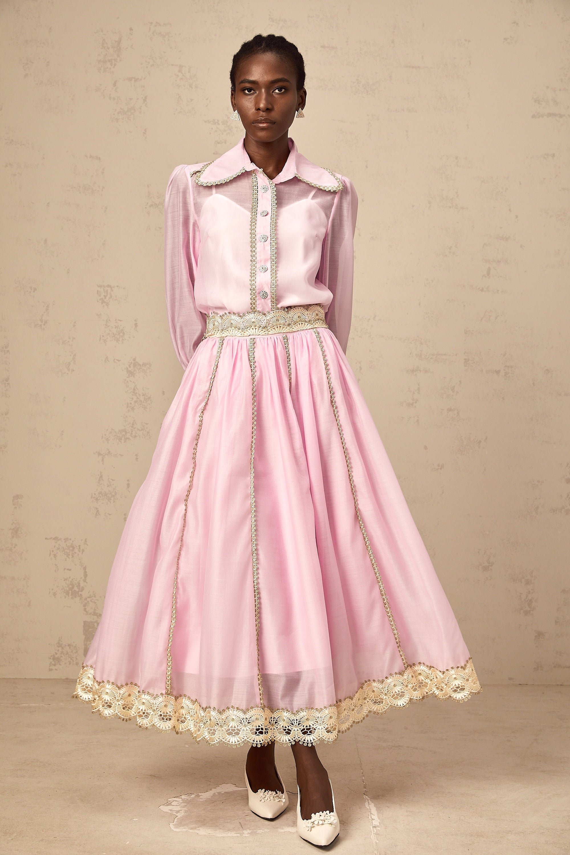 Frida pink lace-trim shirt & skirt matching set