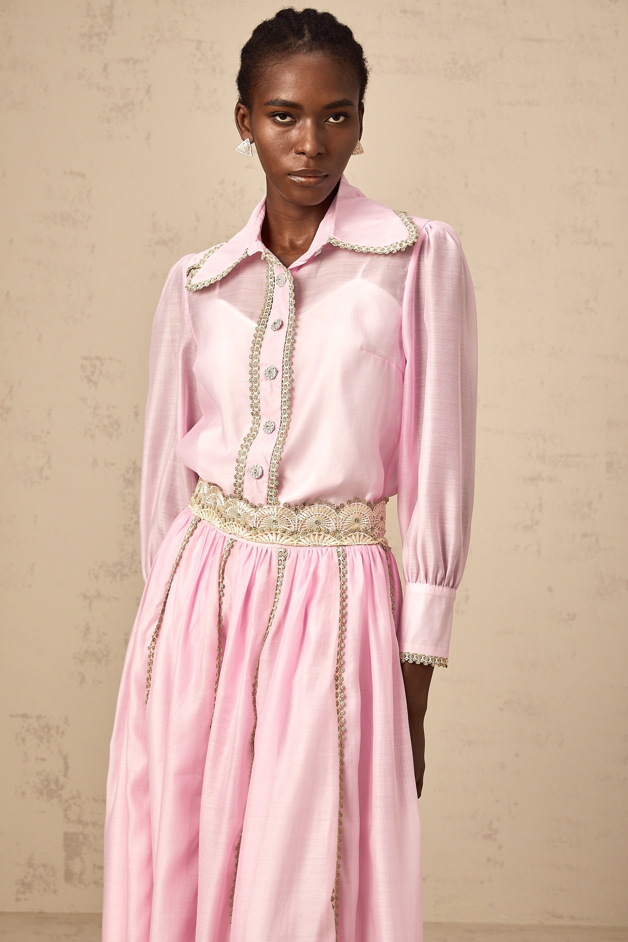 Frida pink lace-trim shirt & skirt matching set