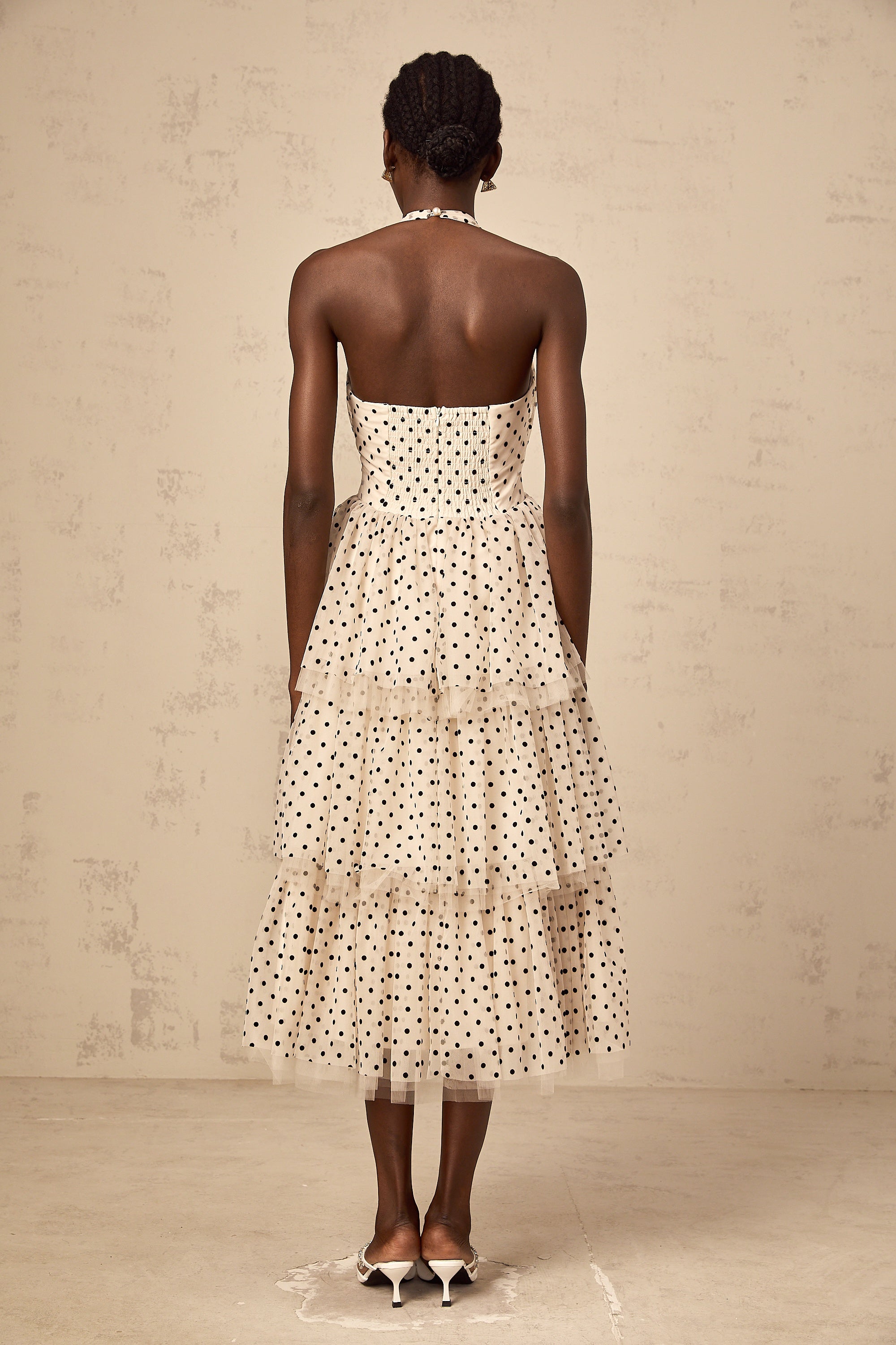 Philae ivory polka-dot tiered midi dress