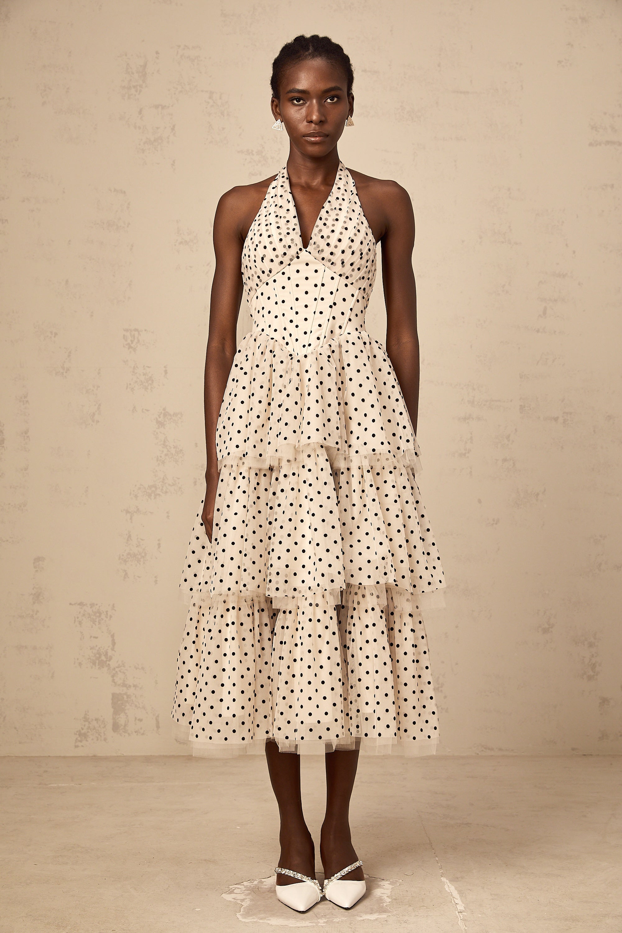 Philae ivory polka-dot tiered midi dress