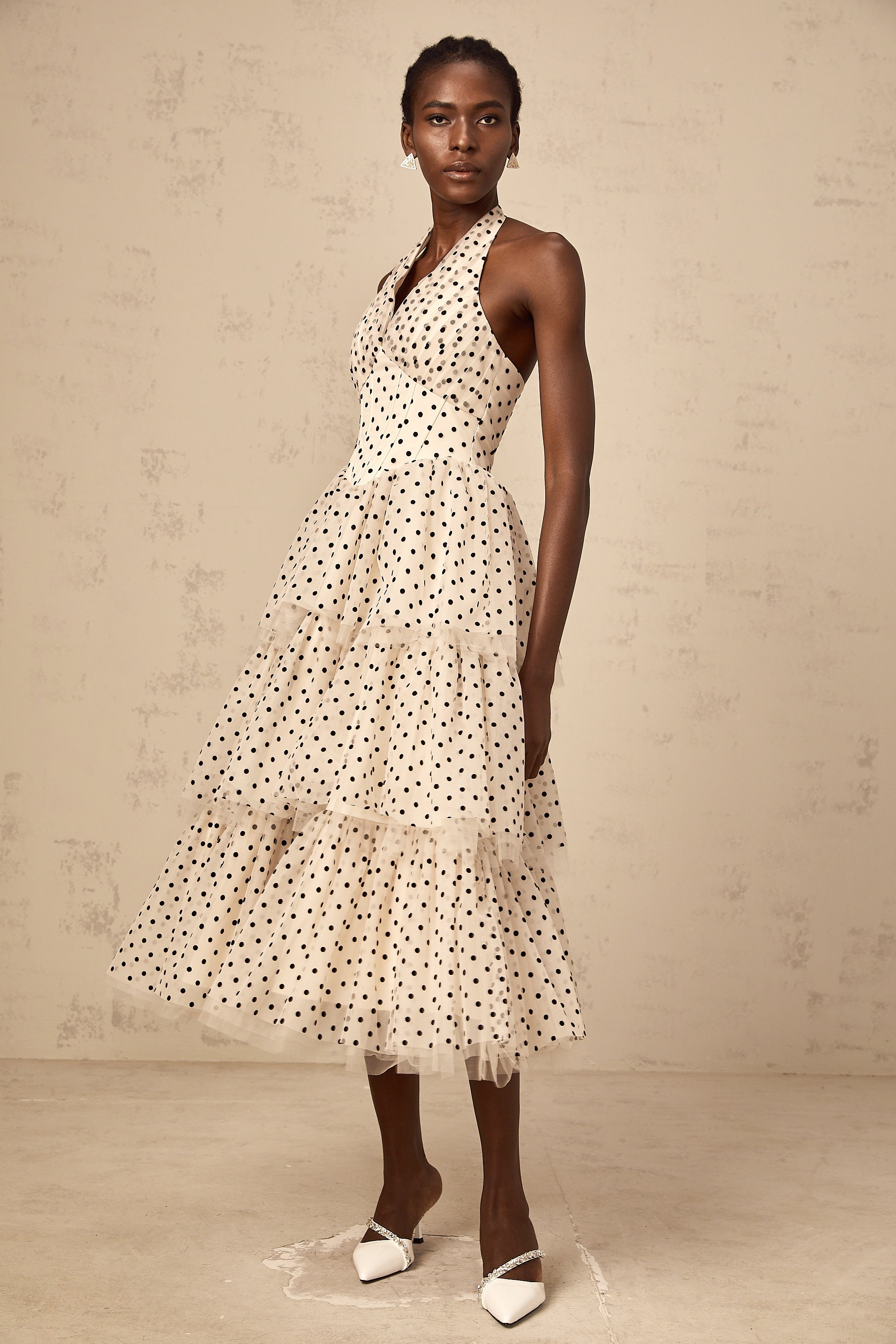 Philae ivory polka-dot tiered midi dress