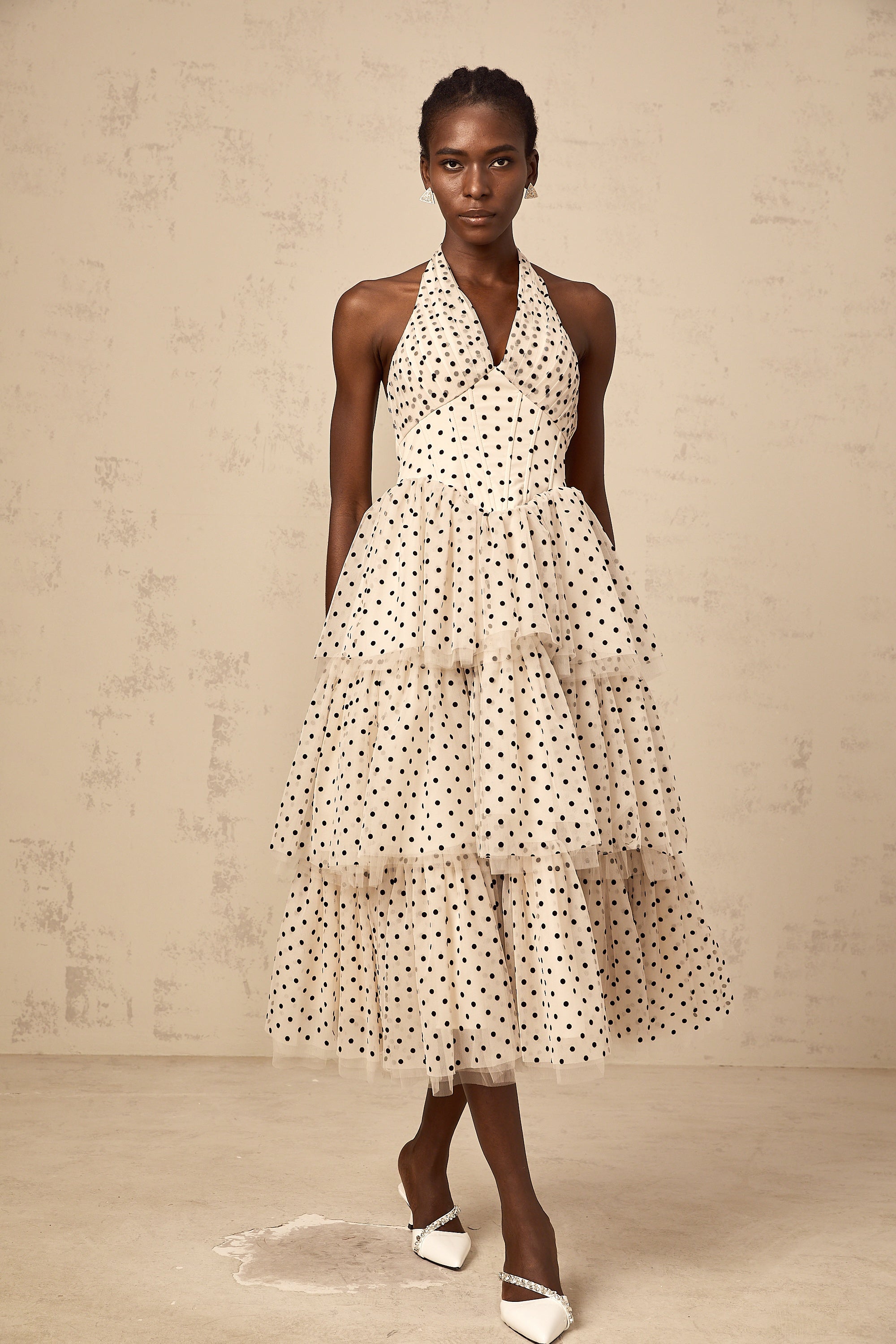 Philae ivory polka-dot tiered midi dress