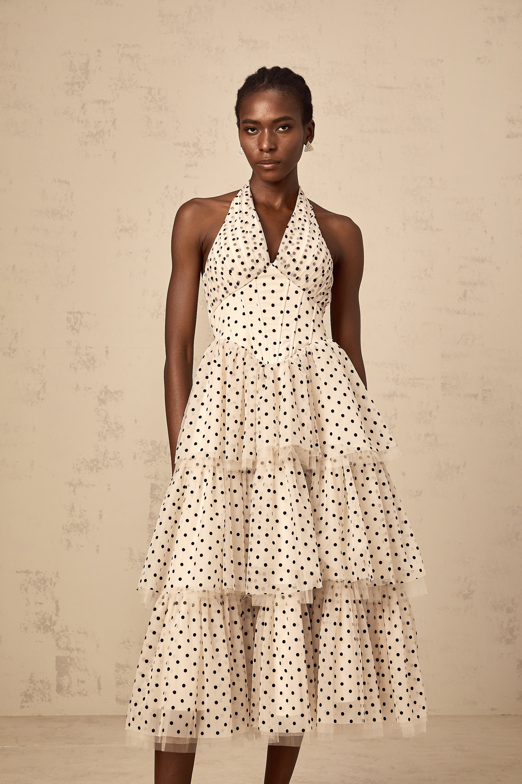 Philae ivory polka-dot tiered midi dress