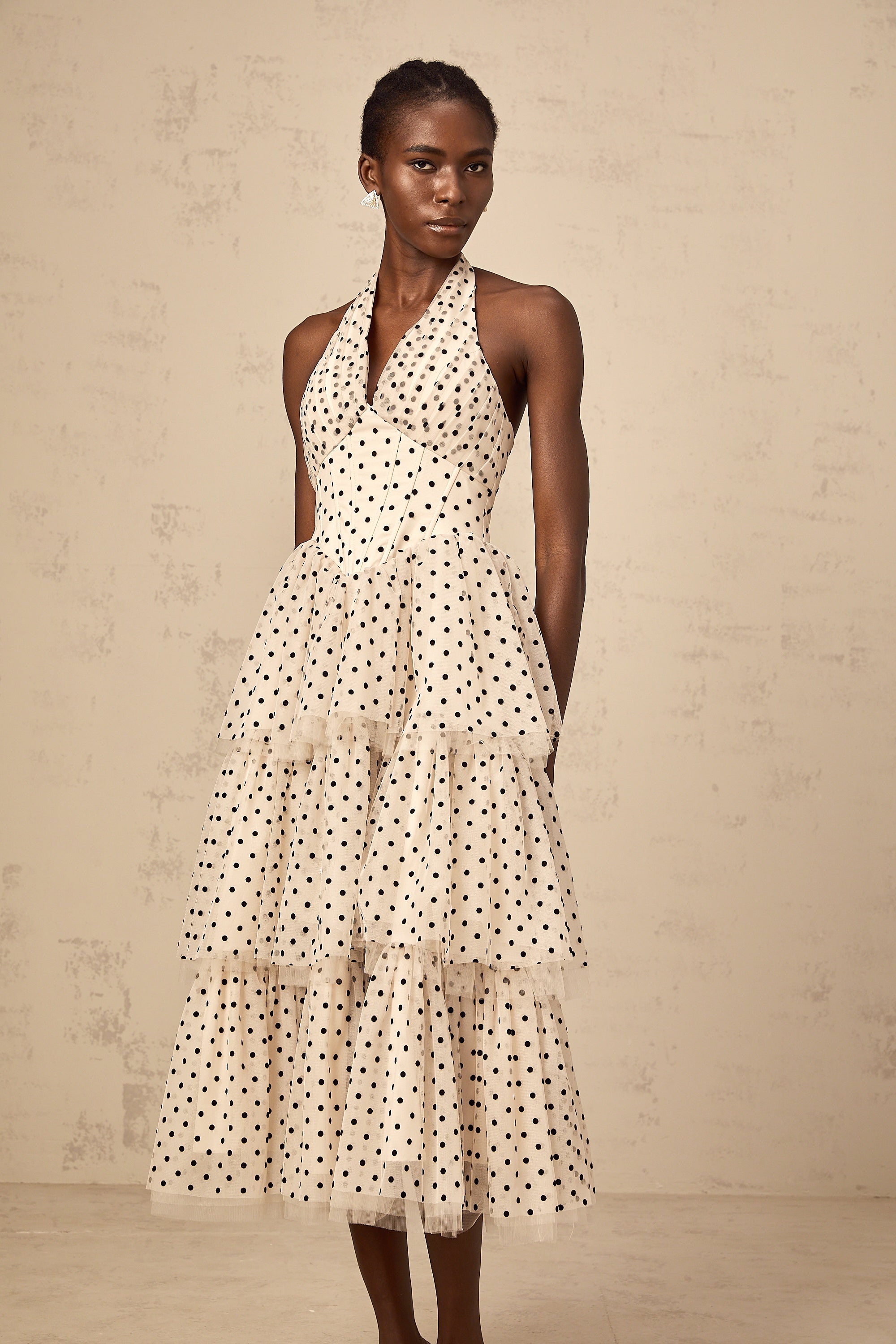 Philae ivory polka-dot tiered midi dress