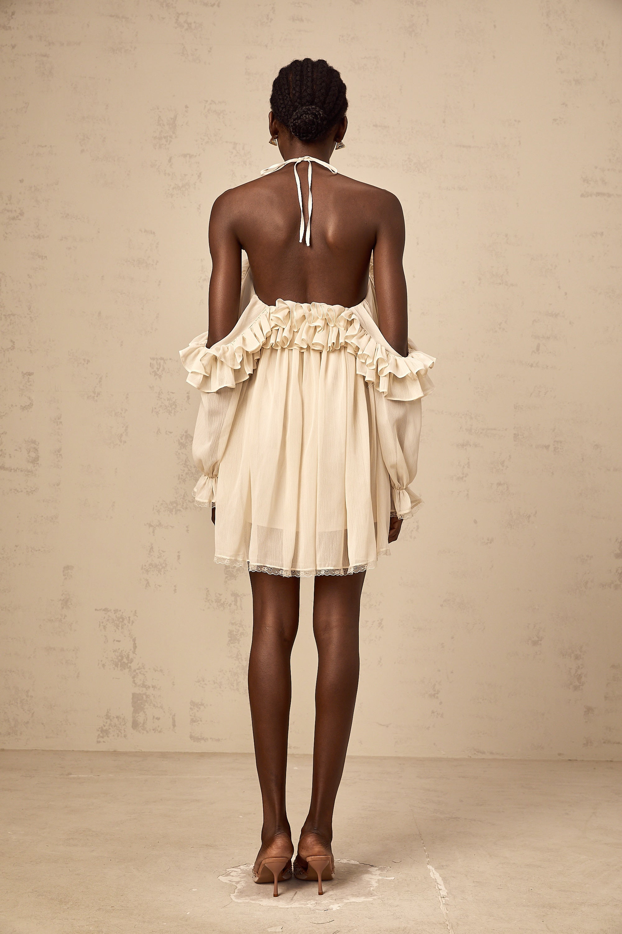 Cosette neutrals floral-appliqué ruffled mini dress