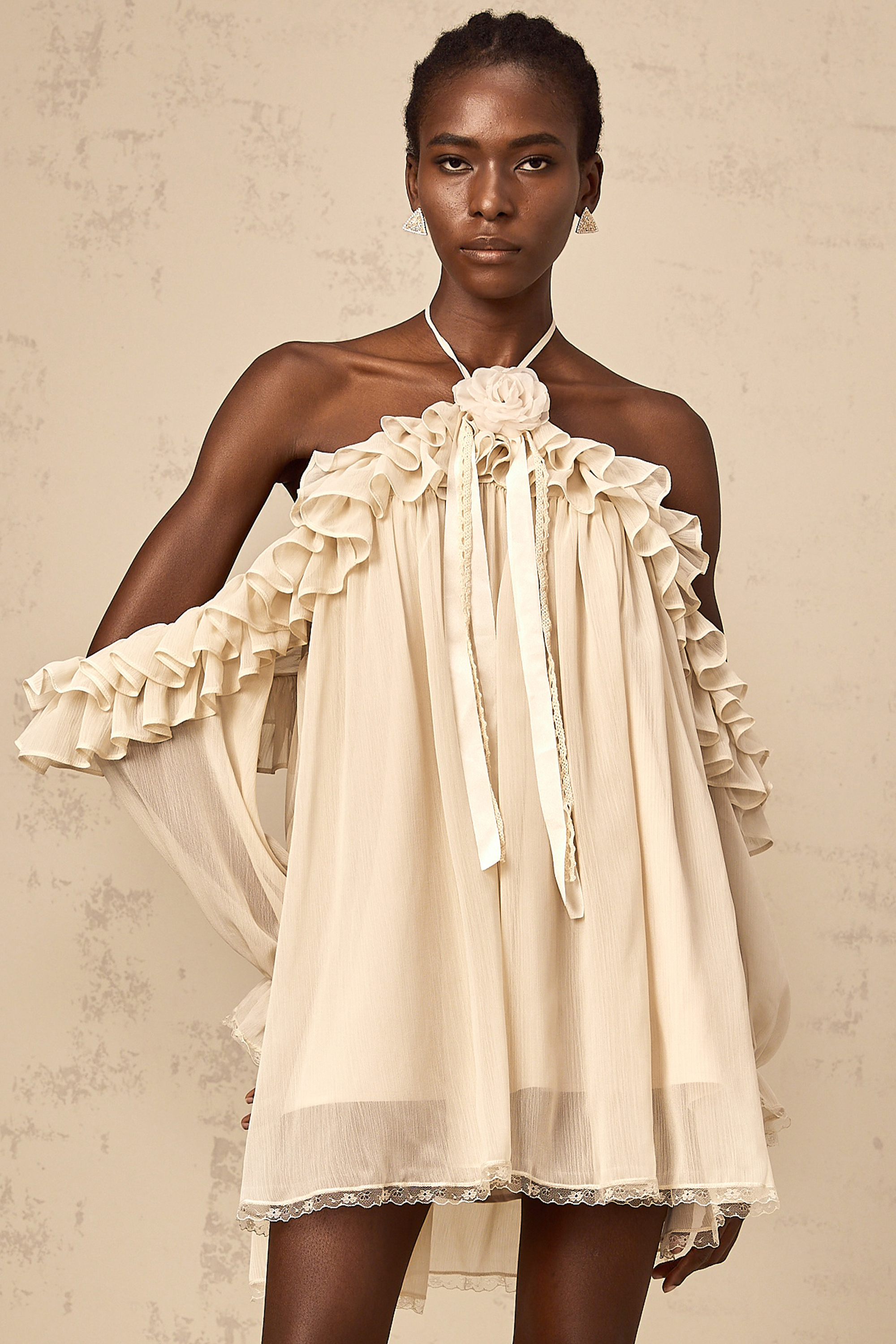 Cosette neutrals floral-appliqué ruffled mini dress