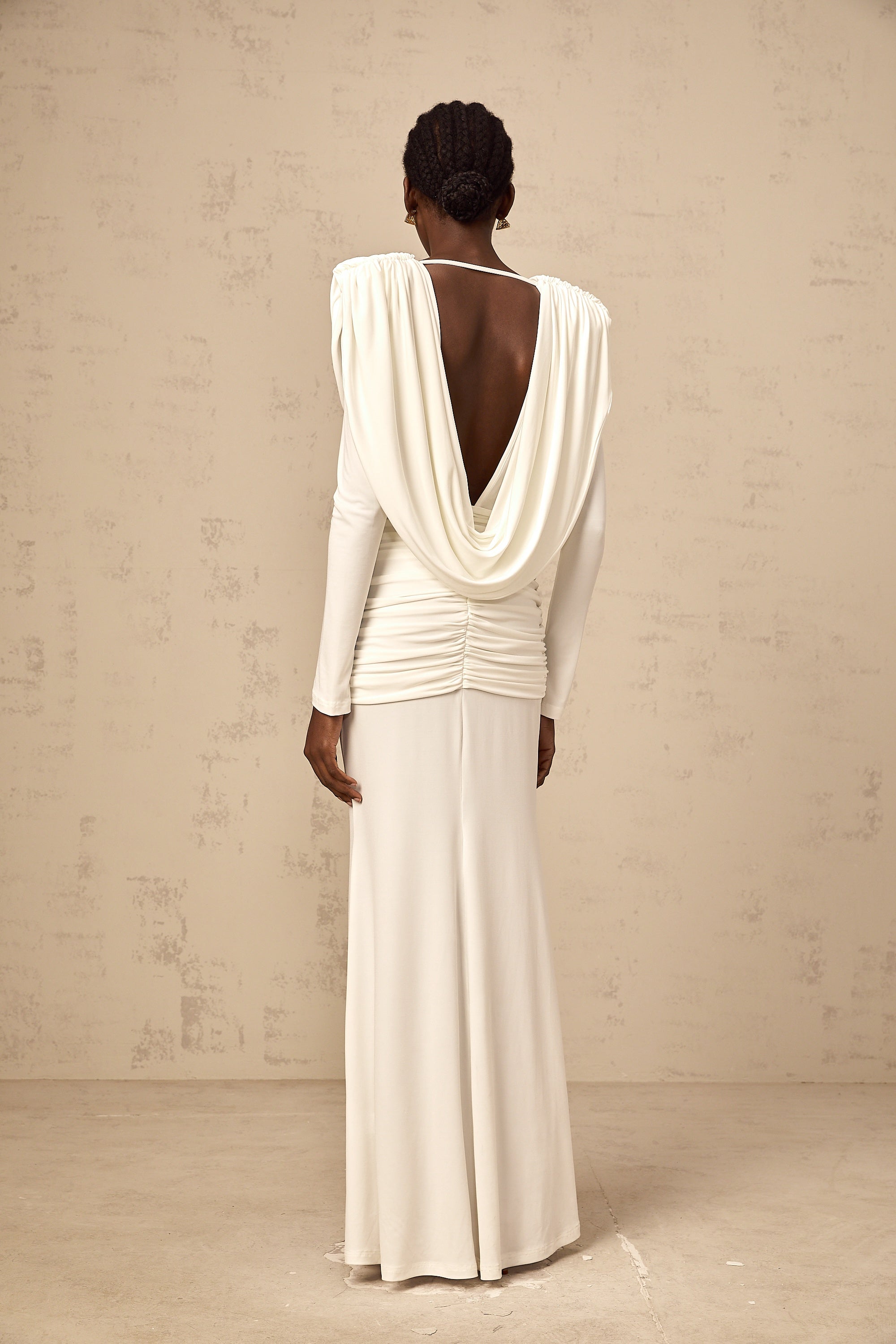 Wanda white ruched fitted maxi dress