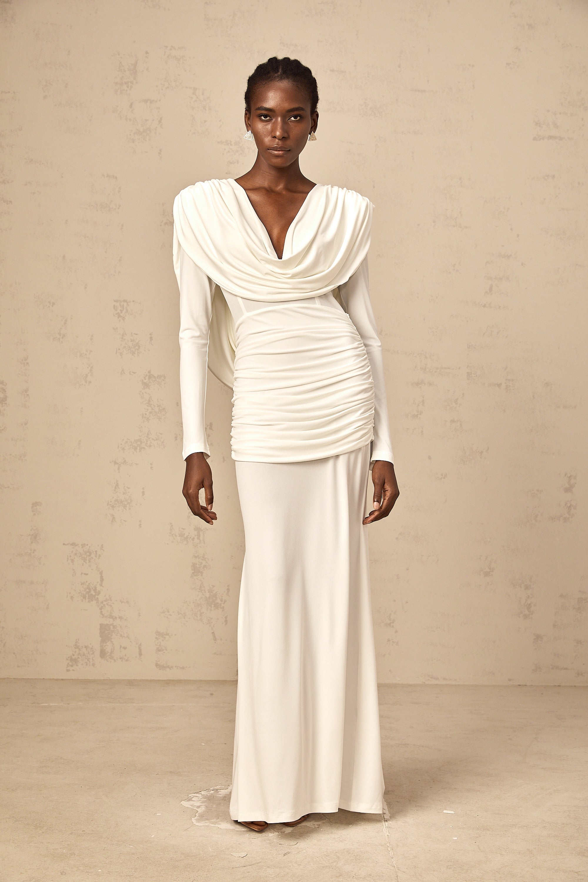Wanda white ruched fitted maxi dress