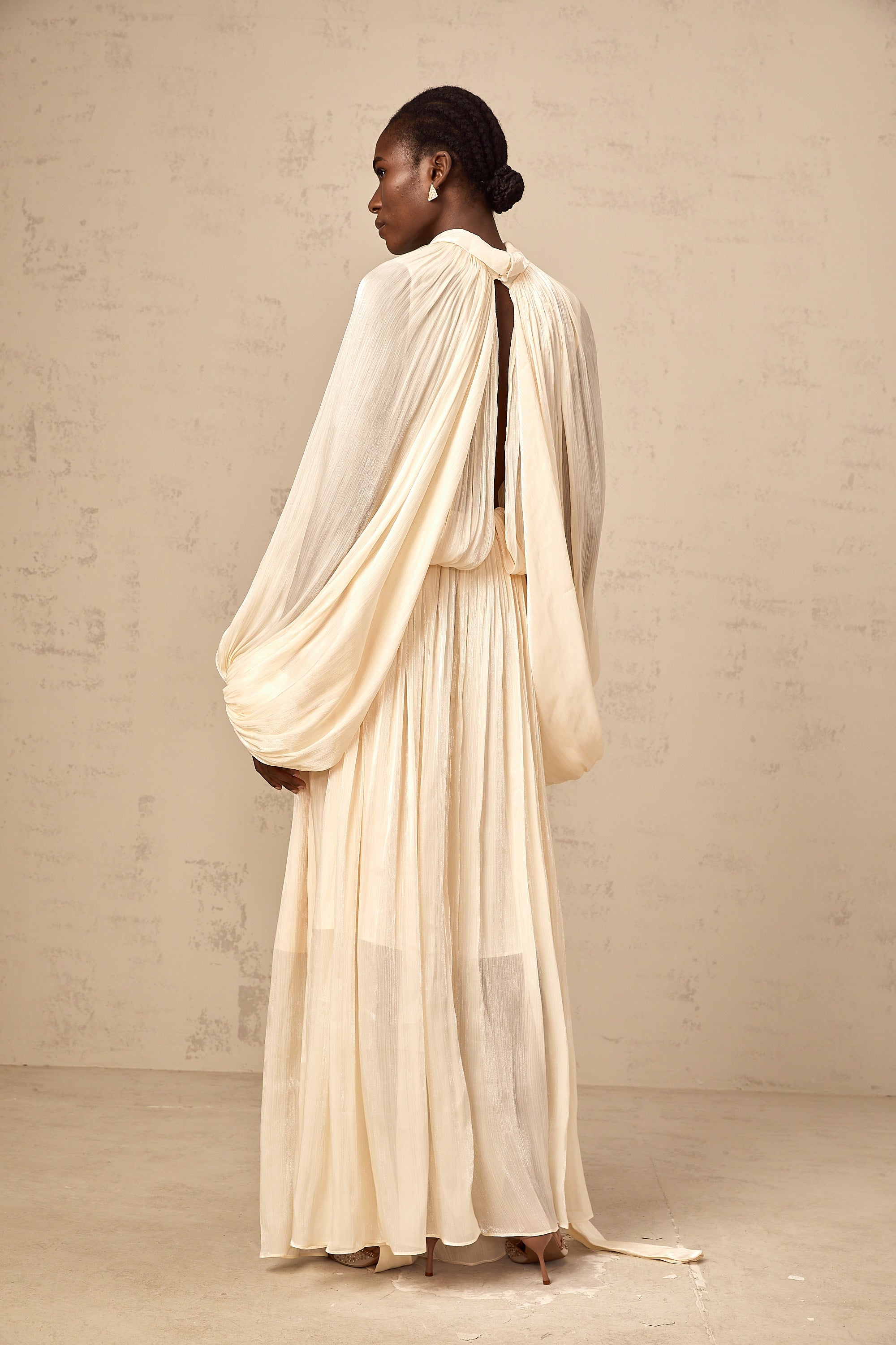 Mila pleated satin maxi dress in Neutrals