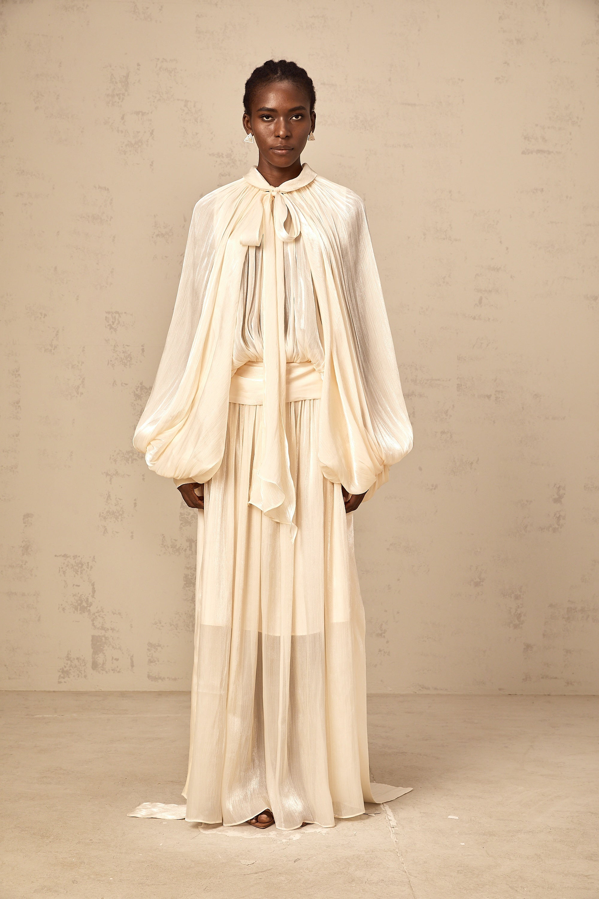 Mila pleated satin maxi dress in Neutrals