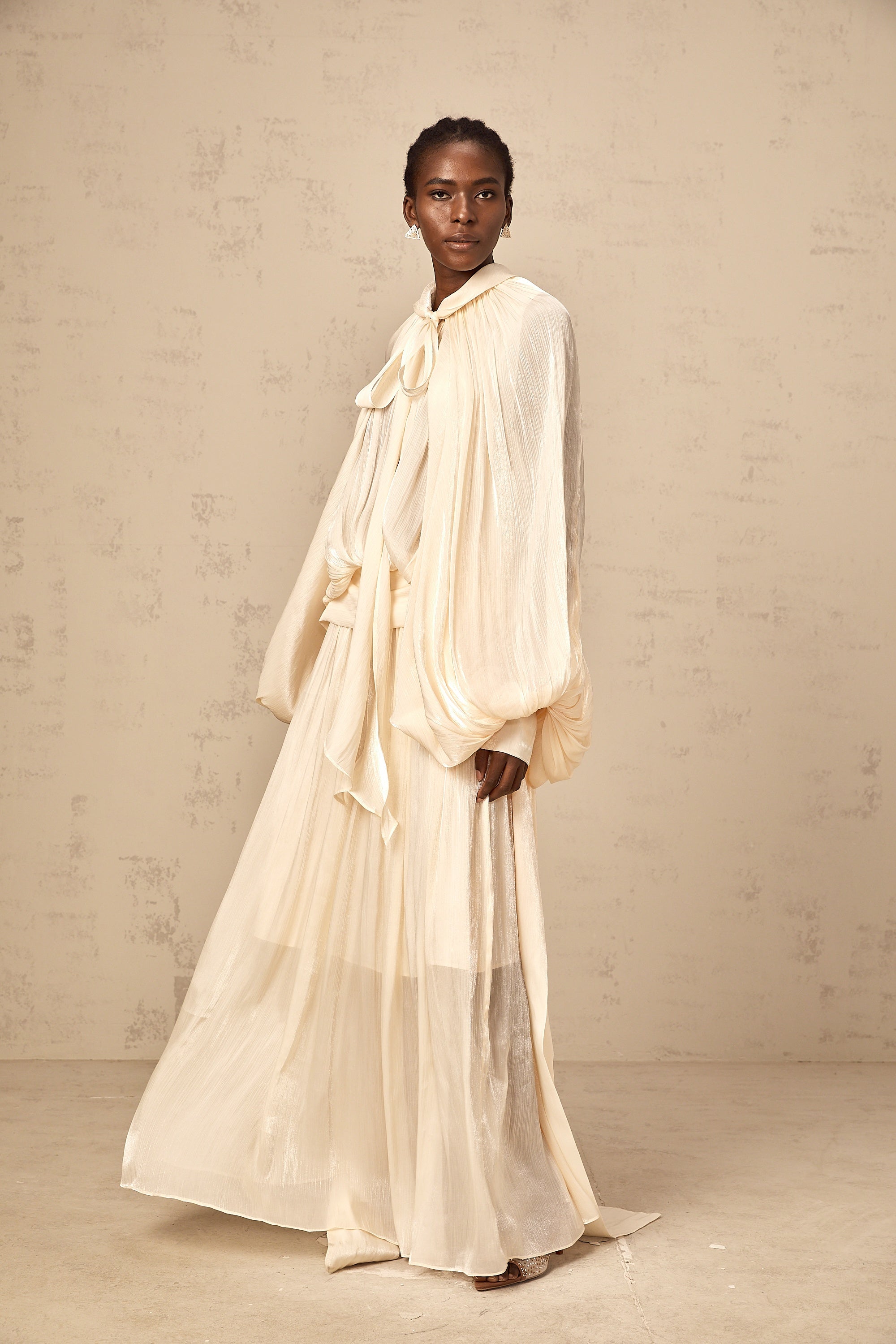Mila pleated satin maxi dress in Neutrals