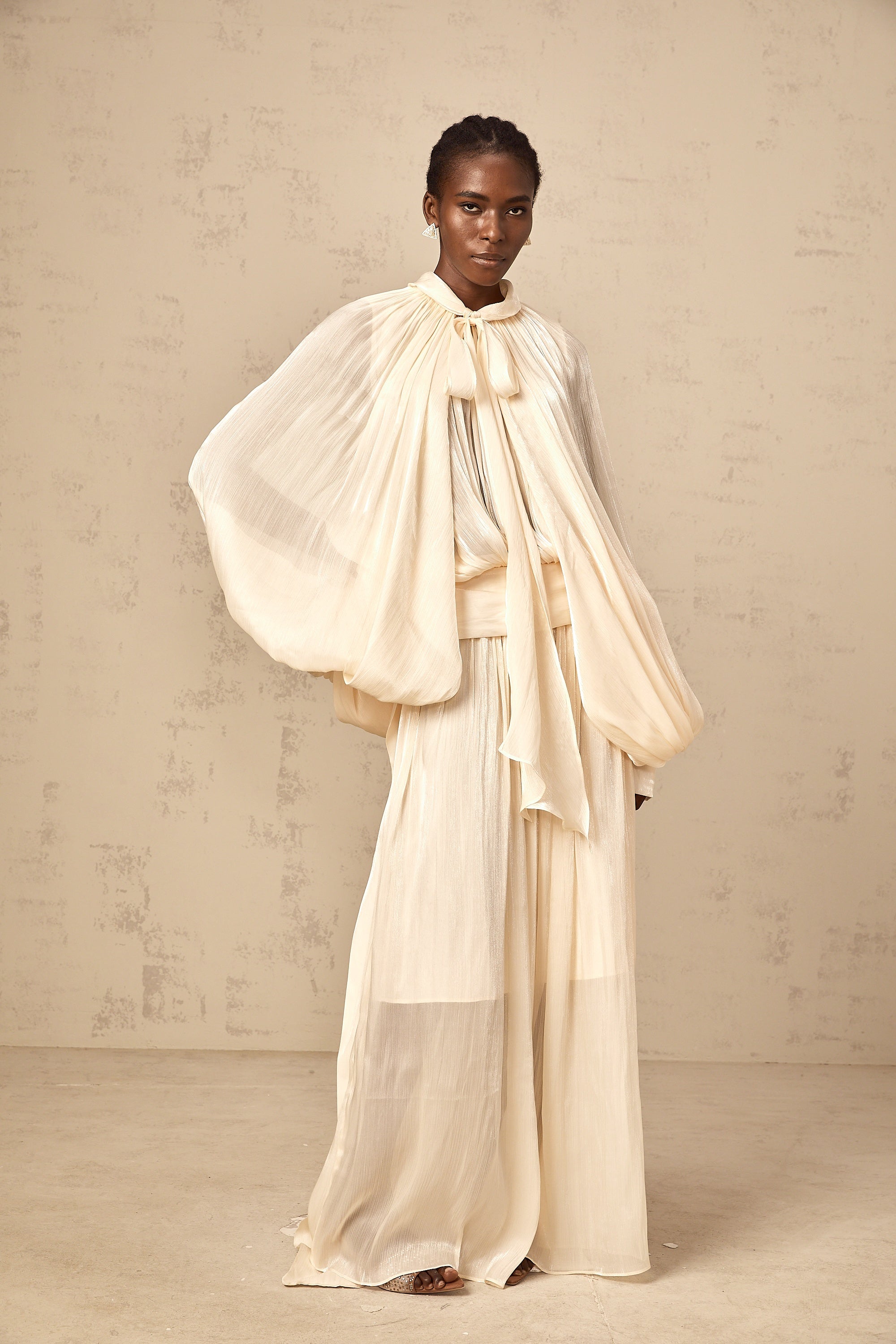 Mila pleated satin maxi dress in Neutrals