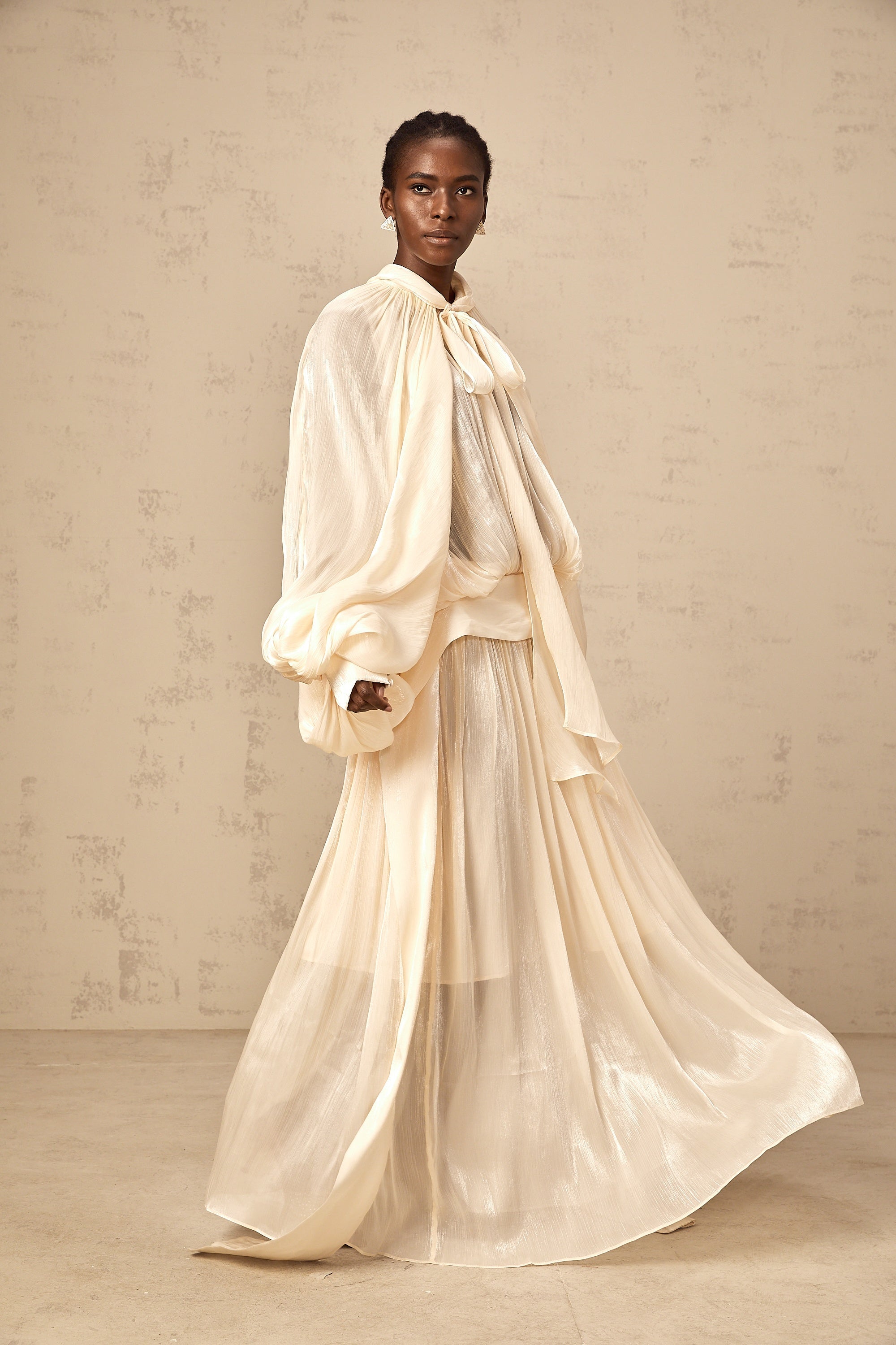 Mila pleated satin maxi dress in Neutrals