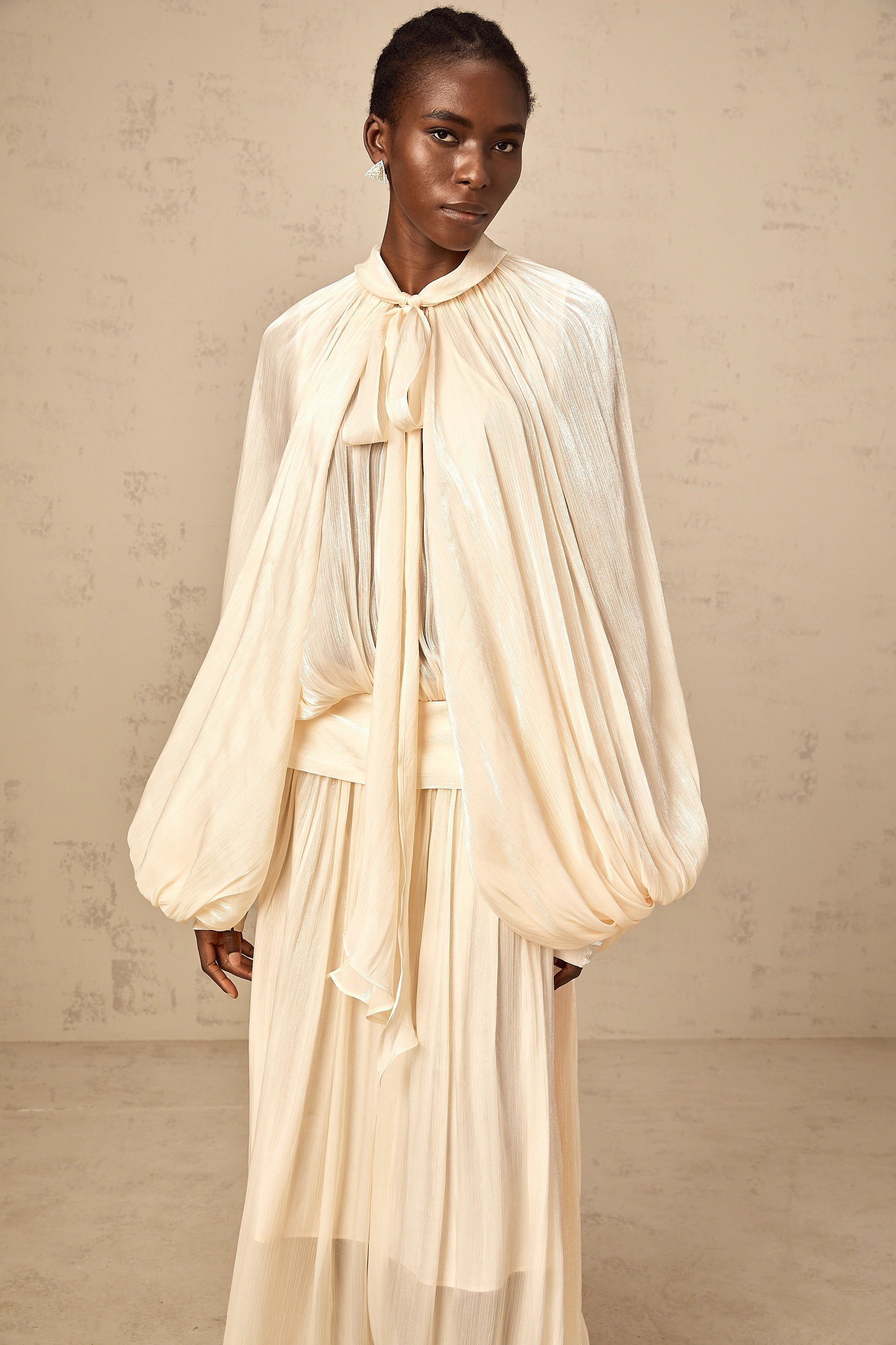 Mila pleated satin maxi dress in Neutrals