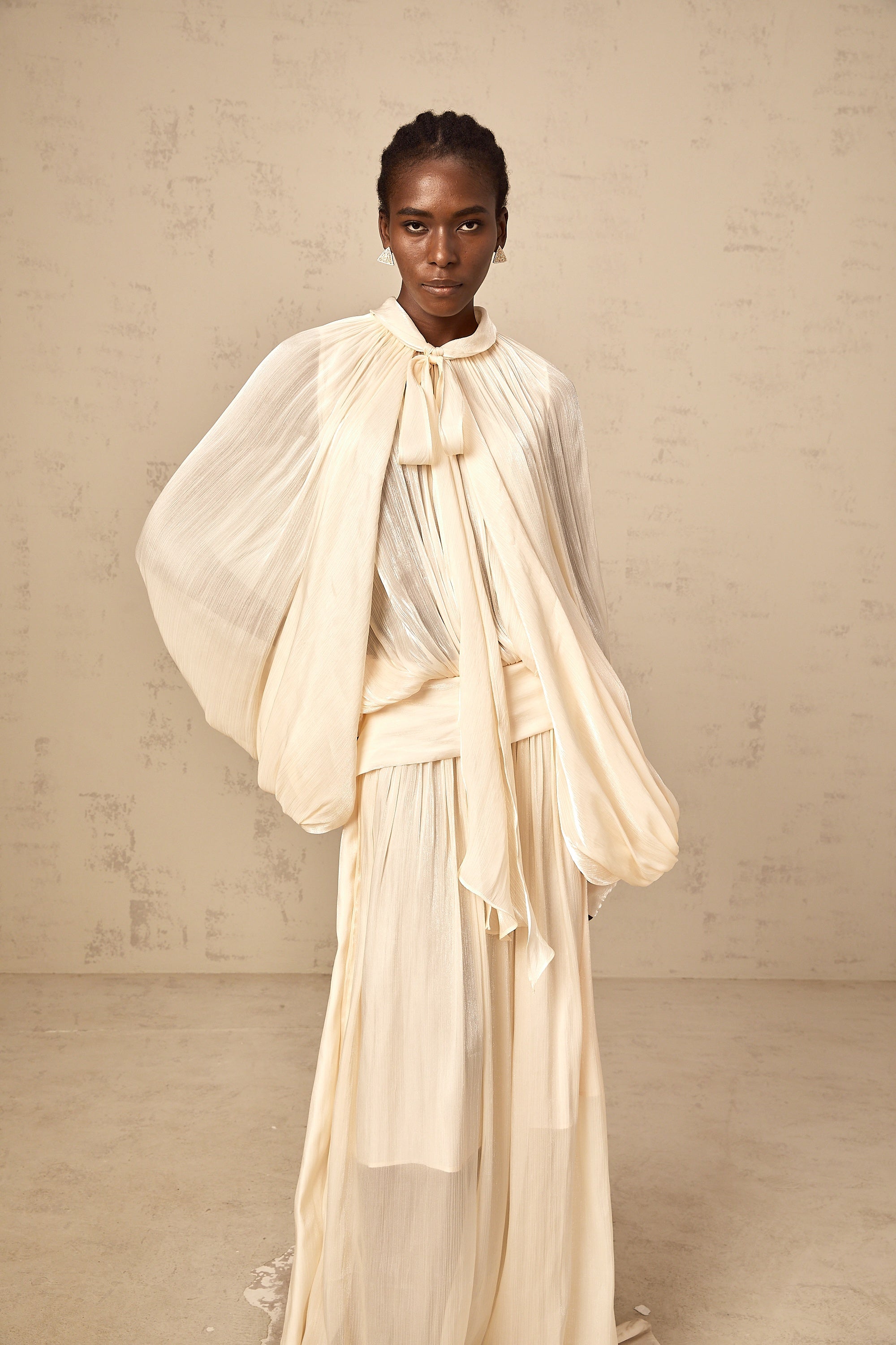 Mila pleated satin maxi dress in Neutrals