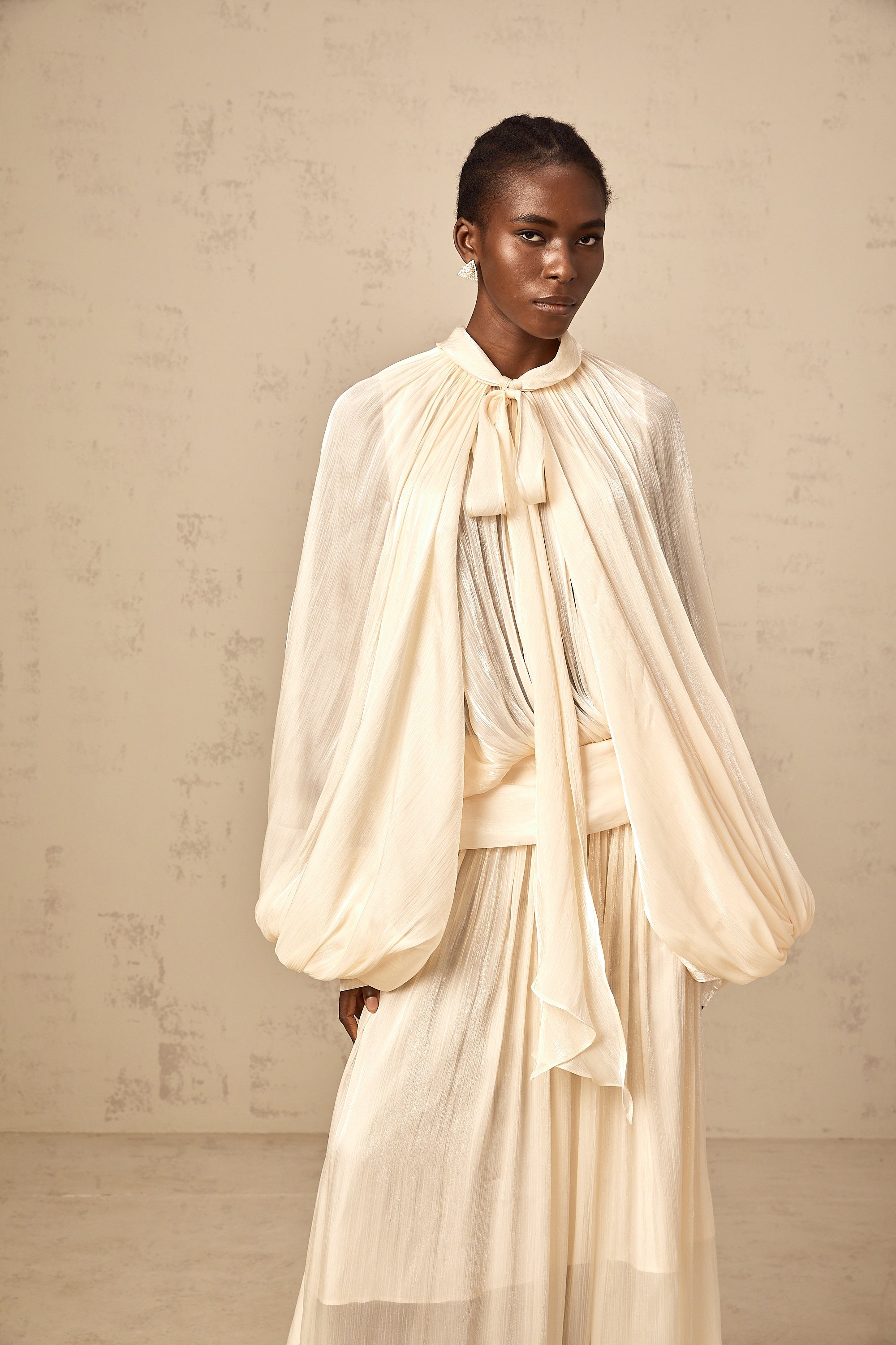 Mila pleated satin maxi dress in Neutrals