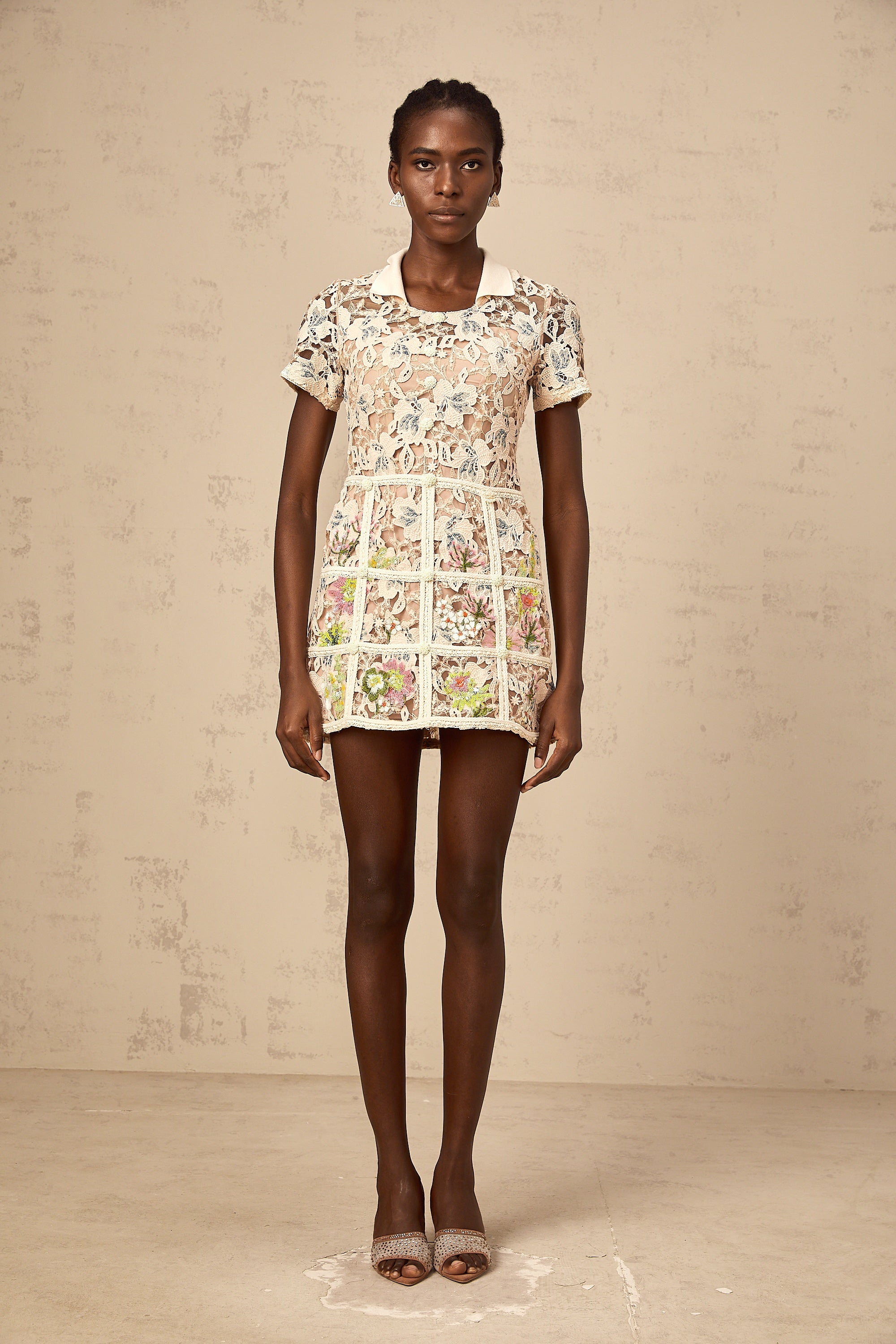 Françoise flower-embroidered mini dress in Neutrals