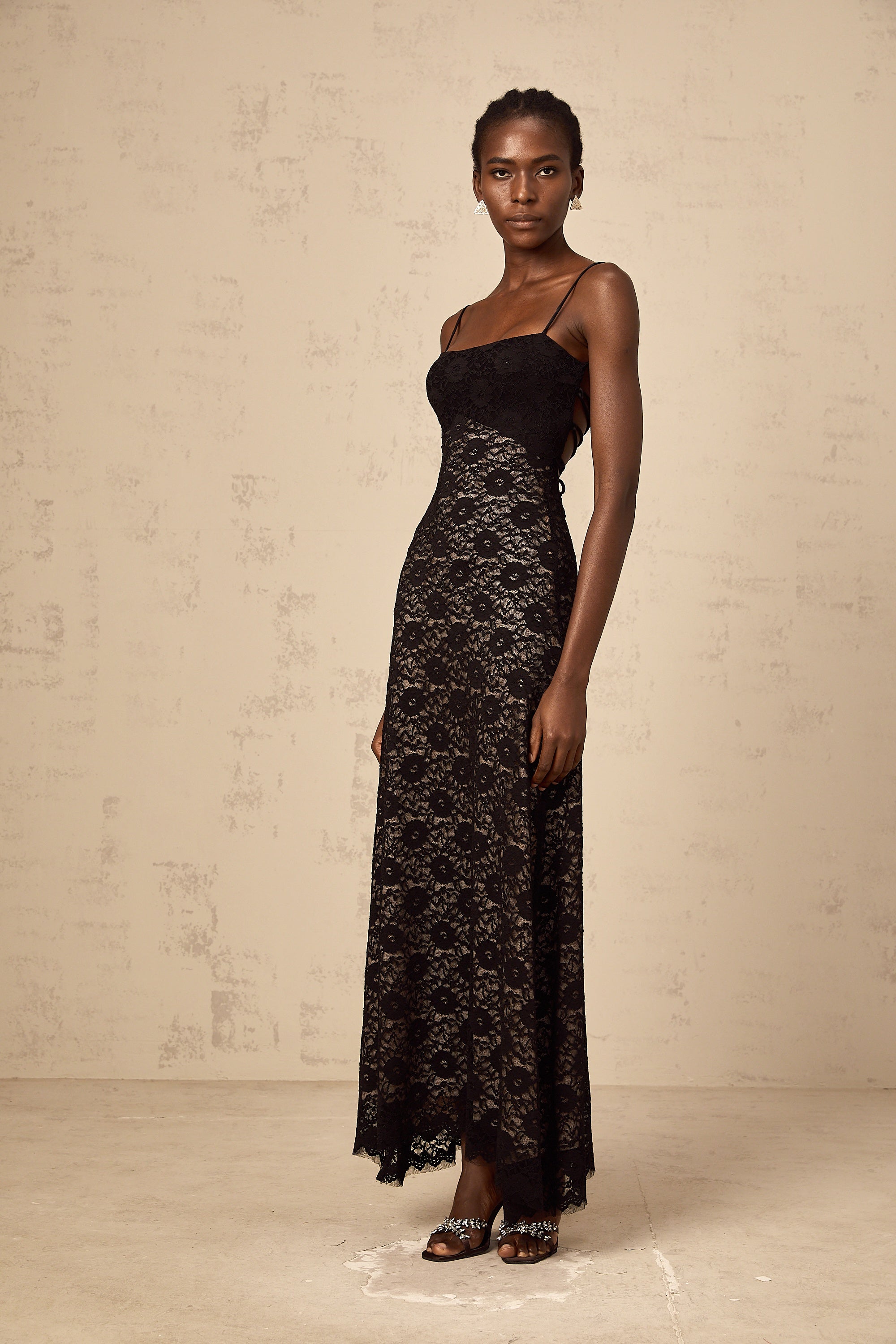 Zélie black open-back floral-lace maxi dress