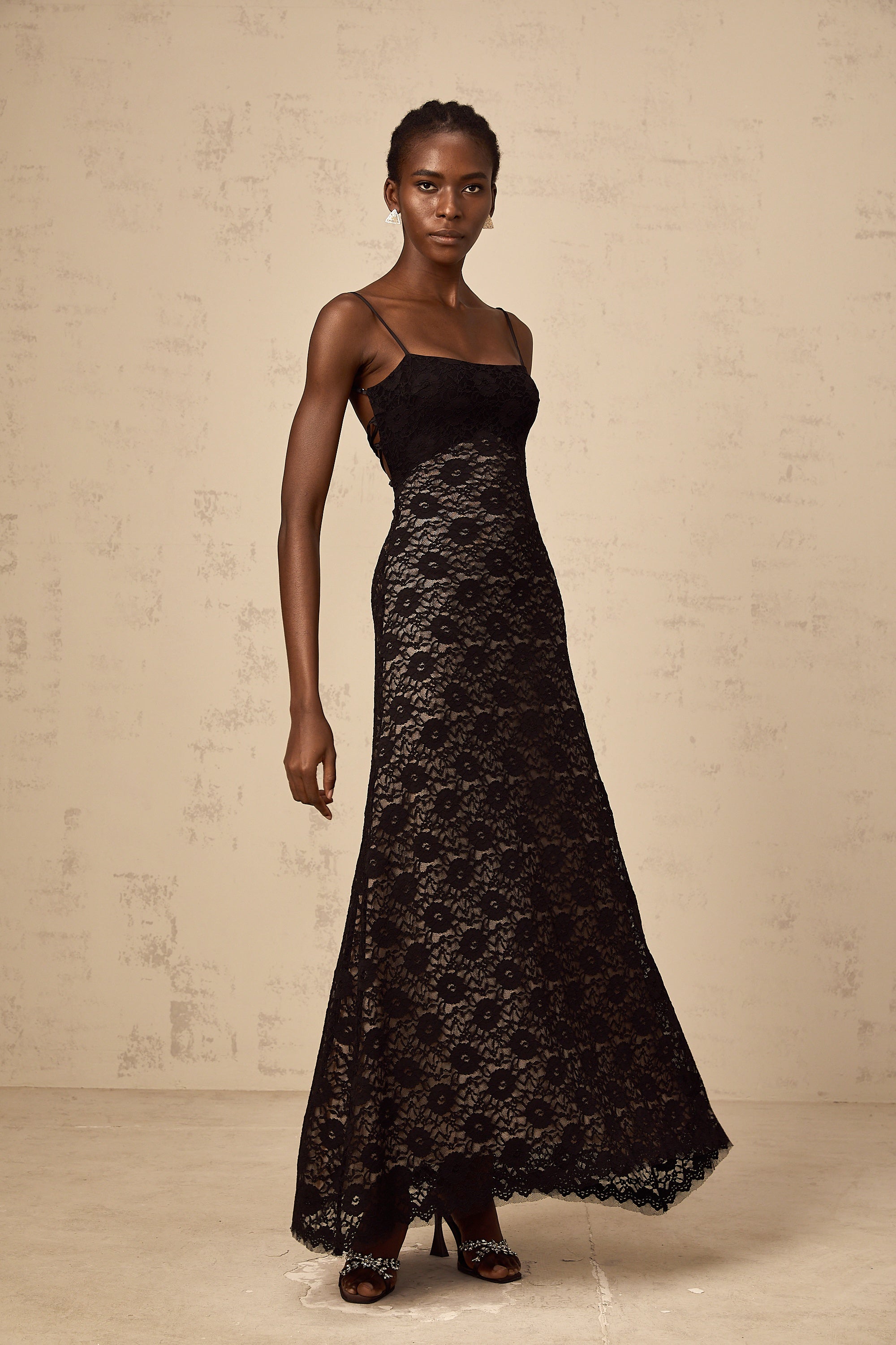 Zélie black open-back floral-lace maxi dress