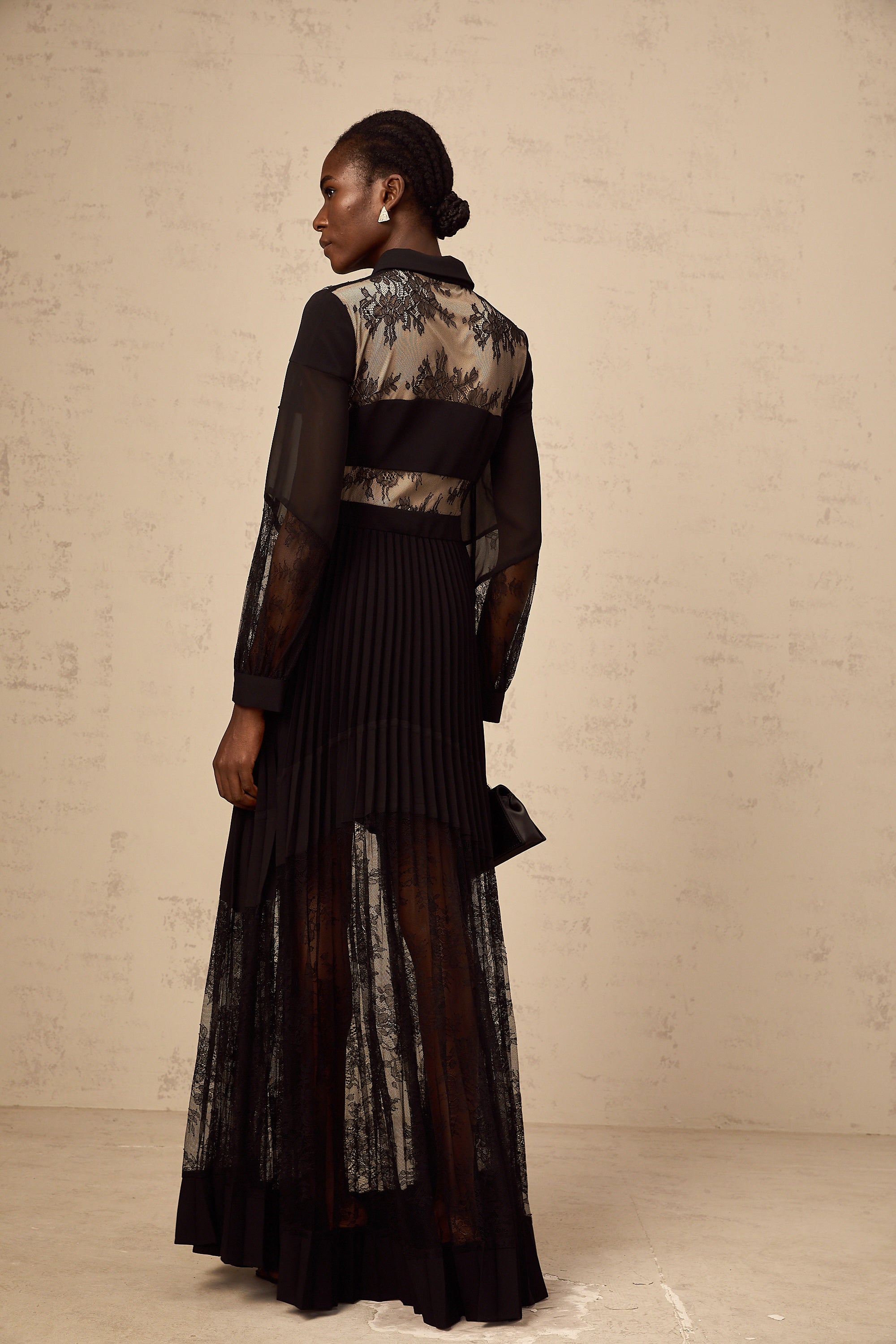 Ségolène black floral-lace-panel pleated maxi dress