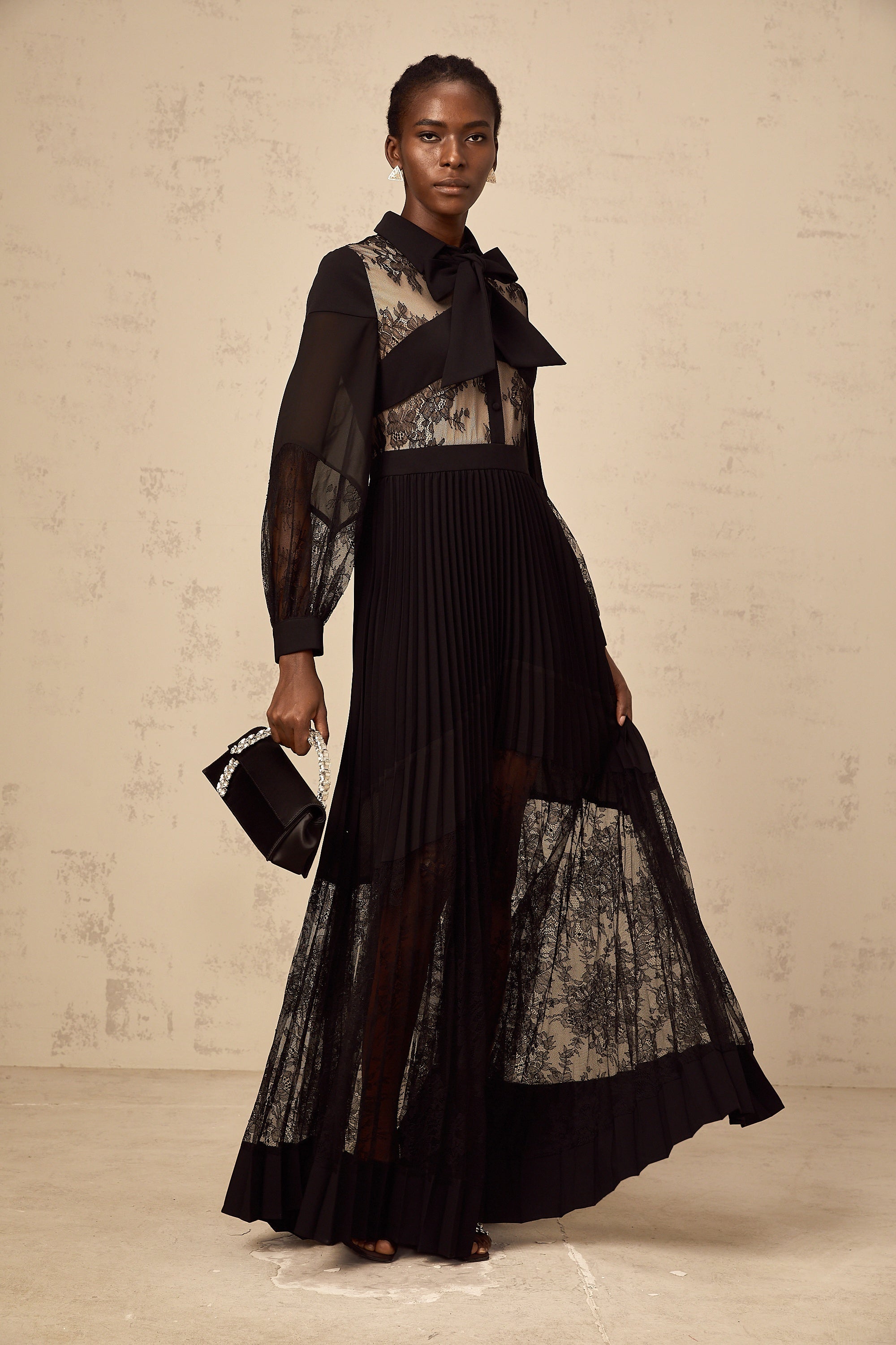 Ségolène black floral-lace-panel pleated maxi dress (Final Sale-US Only)