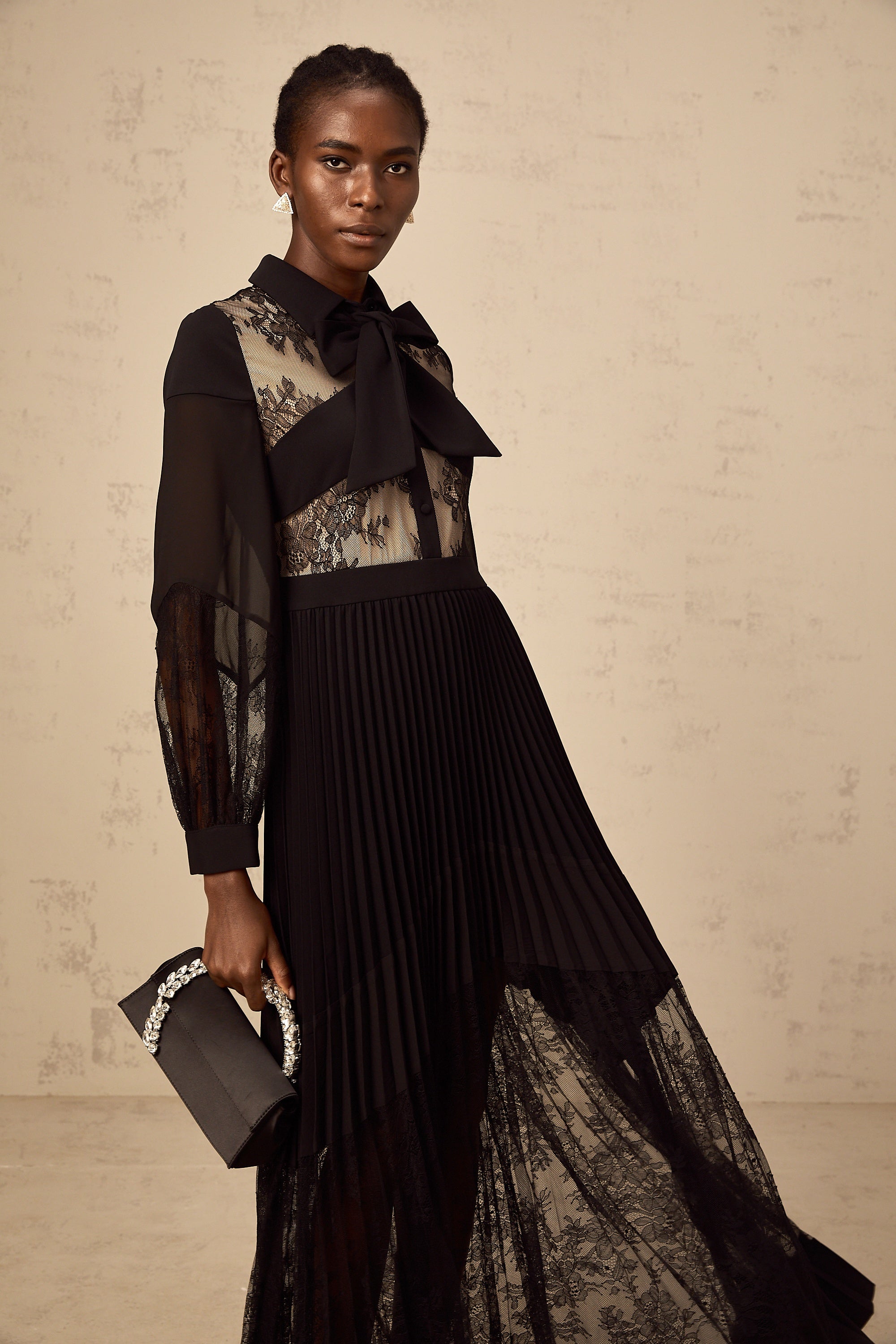 Ségolène black floral-lace-panel pleated maxi dress (Final Sale-US Only)