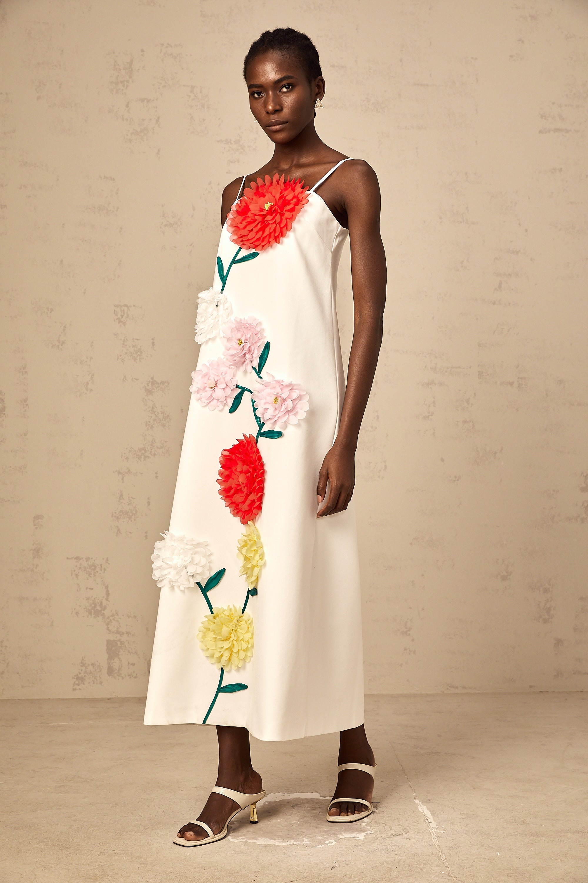 Véronique white 3d-petal sleeveless midi dress (Final Sale-US Only)