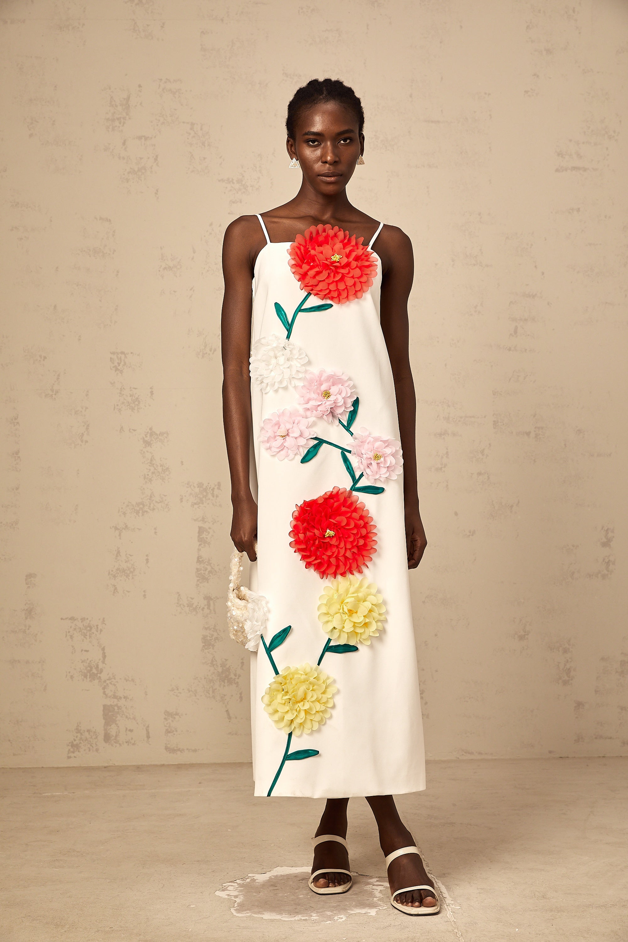 Véronique white 3d-petal sleeveless midi dress (Final Sale-US Only)