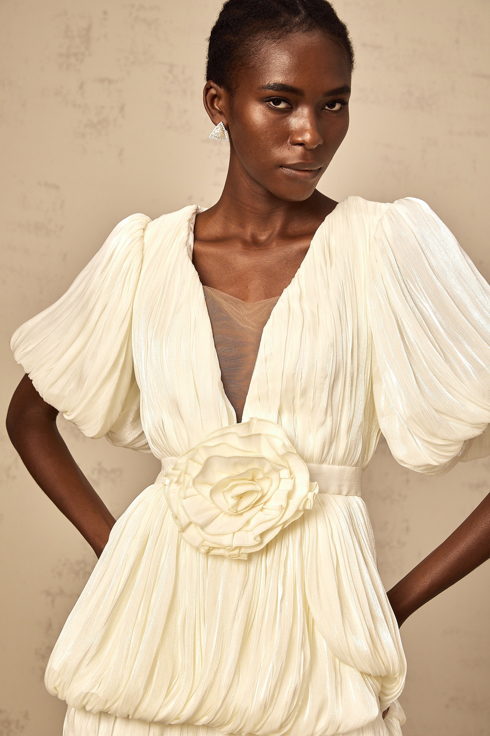 Nadège neutrals pleated floral-appliqué mini dress (Final Sale)