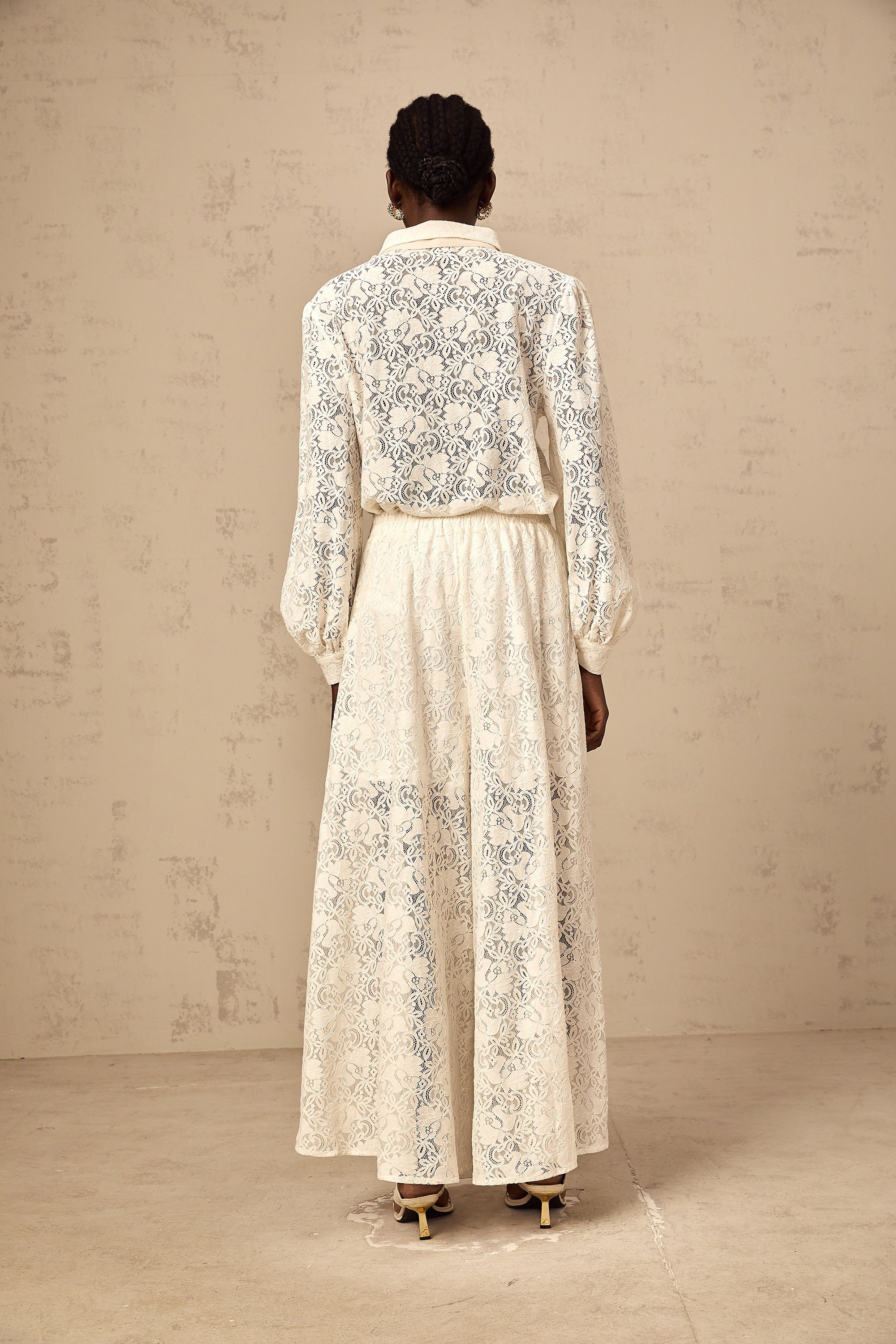Vanessa white guipure-lace shirt & trousers matching set