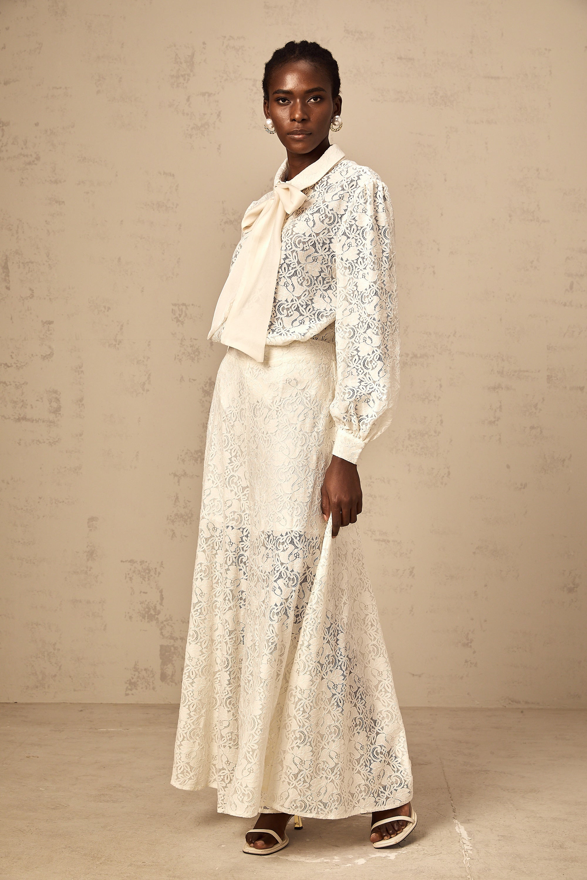 Vanessa white guipure-lace shirt & trousers matching set