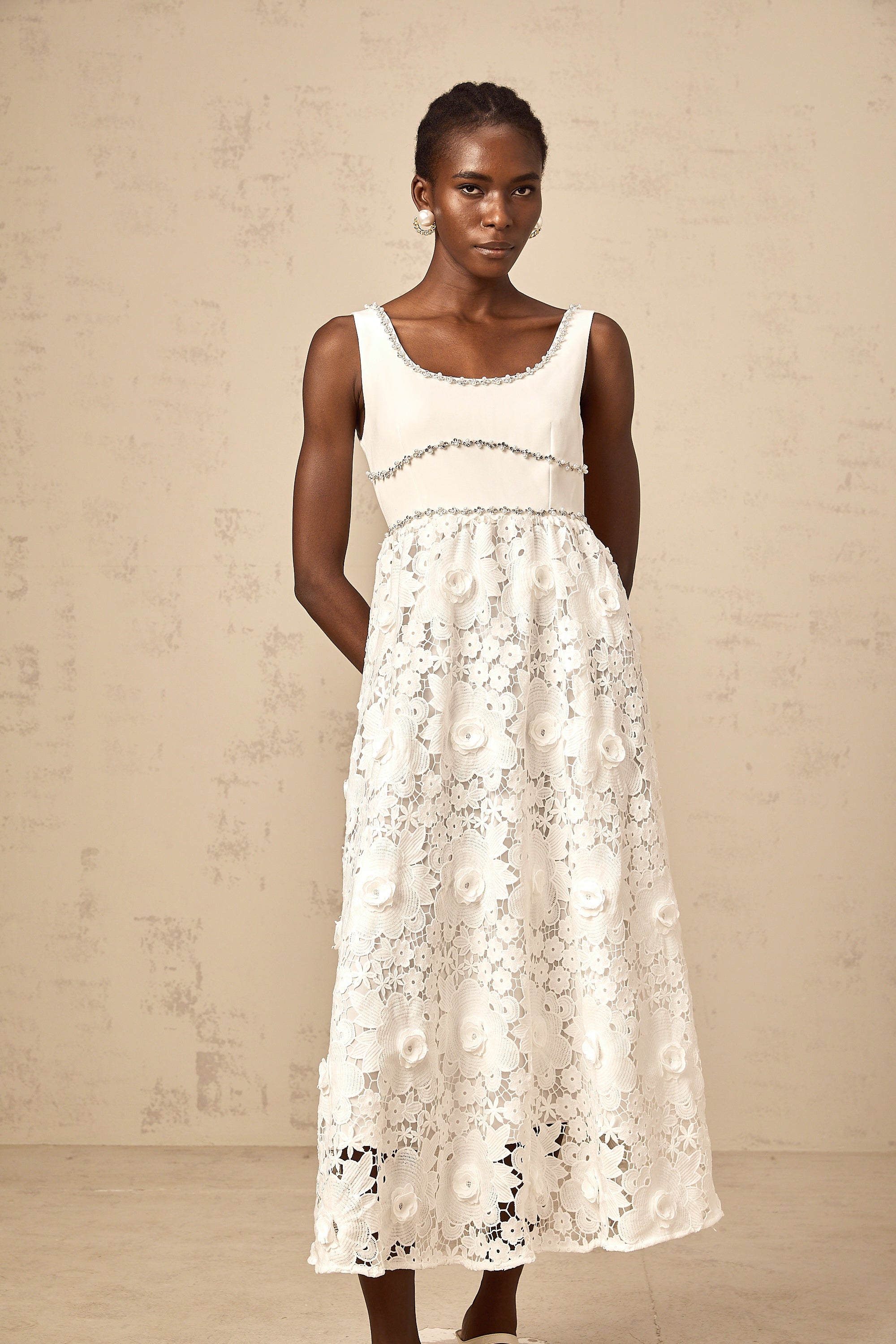 Poema white embellished lace midi dress