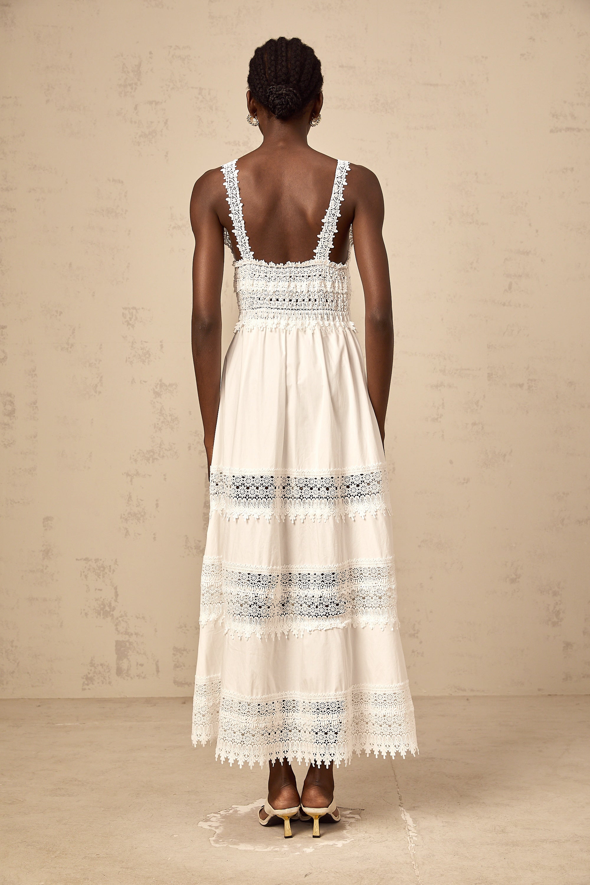 Prunelle white hollow-detail lace midi dress