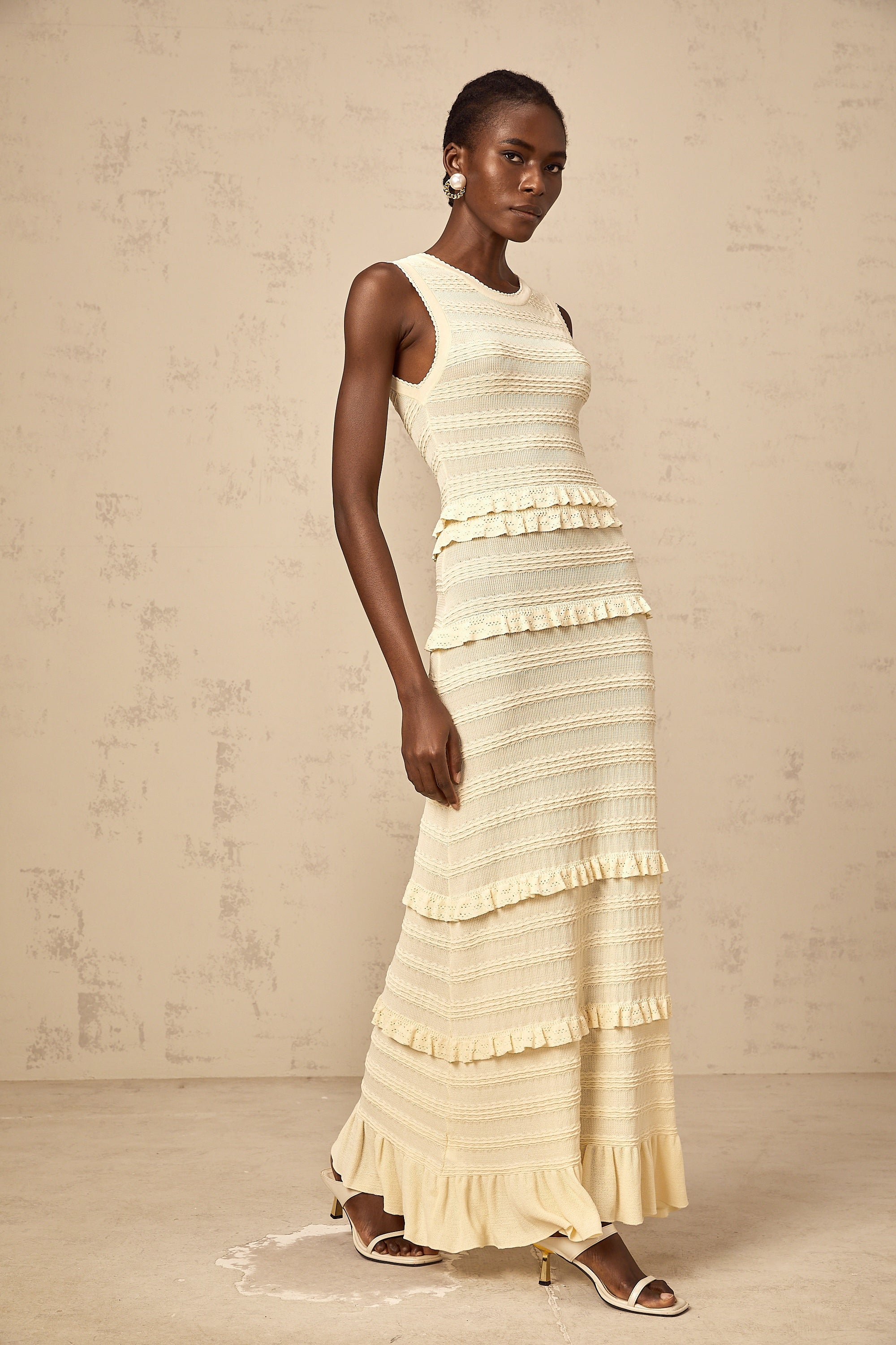 Airelle beige ruffled sleeveless knit maxi dress (Final Sale-US Only)