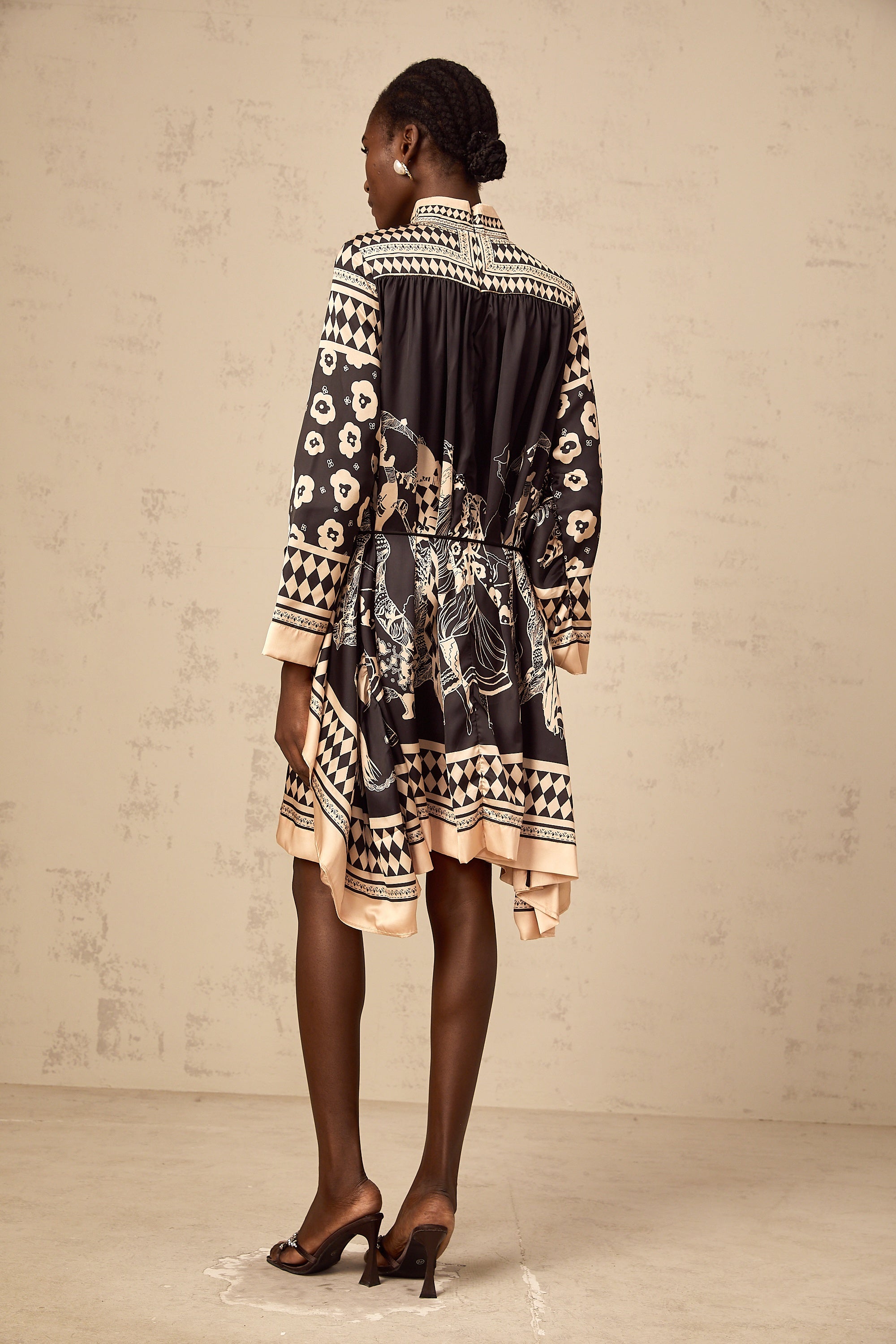 Ingrid black pattern-print tied mini dress