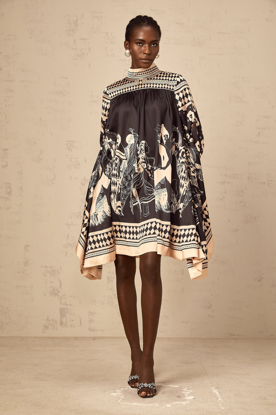 Ingrid black pattern-print tied mini dress