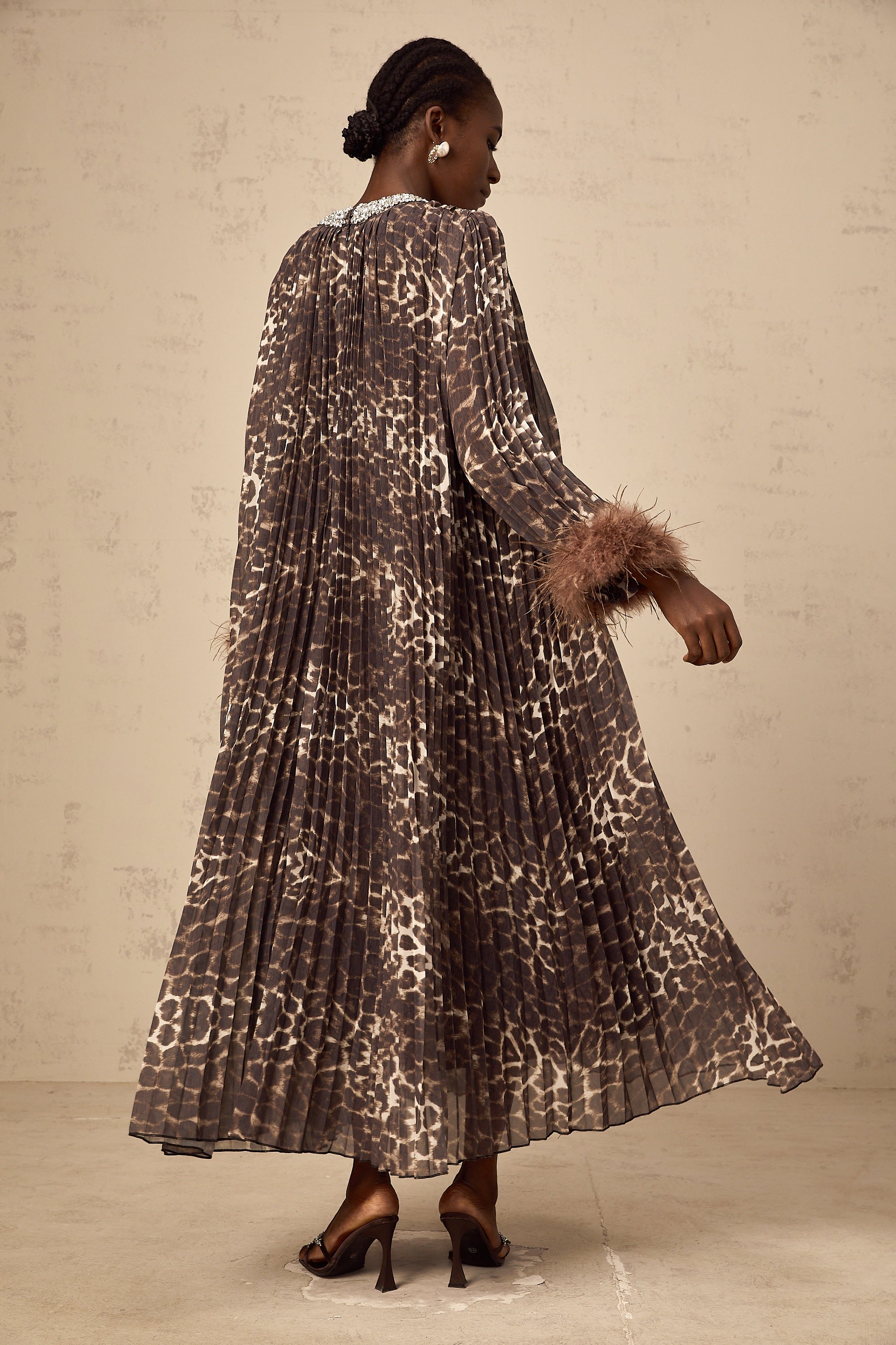 Marthe brown embellished leopard-print pleated midi dress